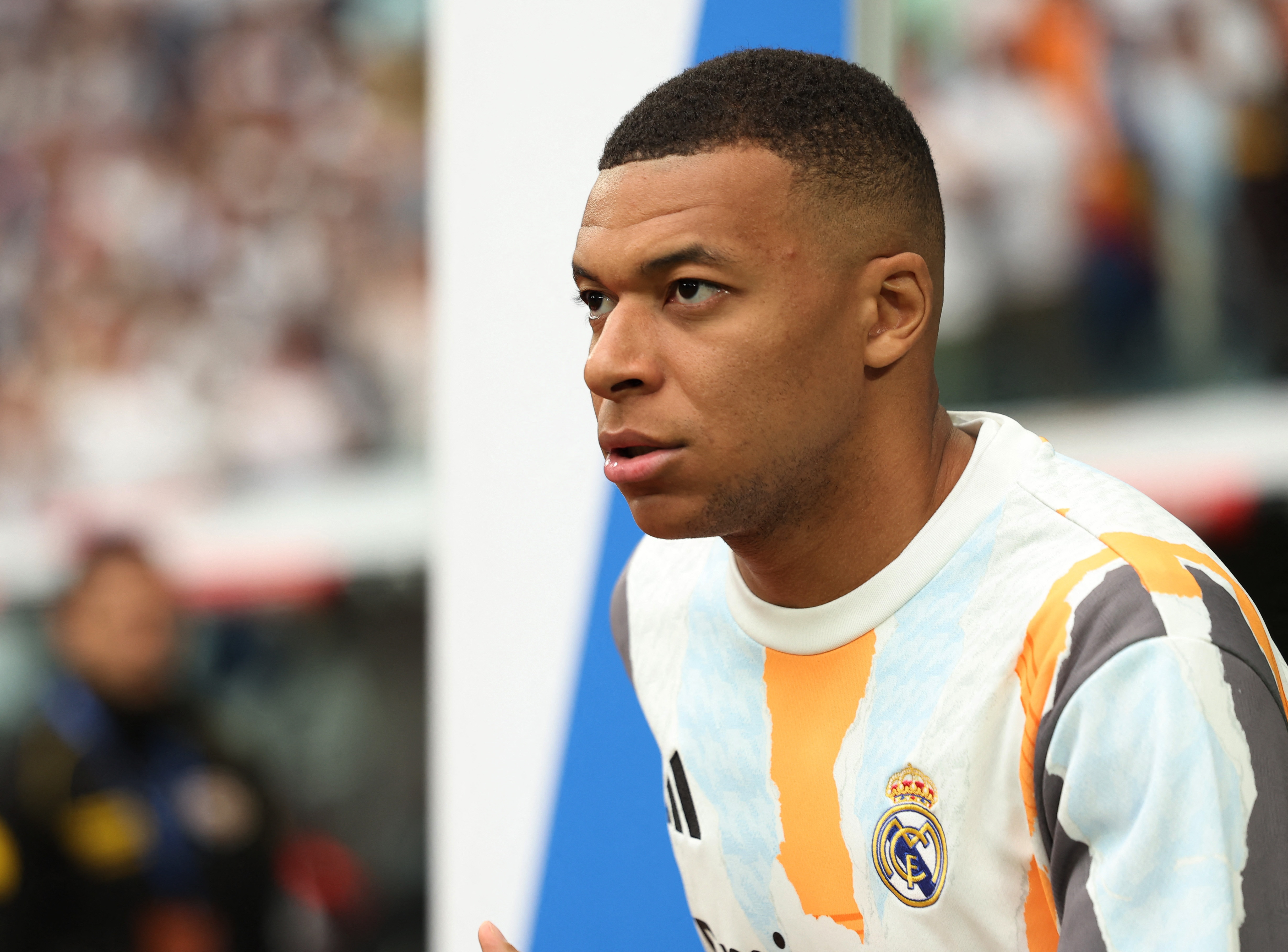 Real Madrid's Kylian Mbappe during the warm up before a match