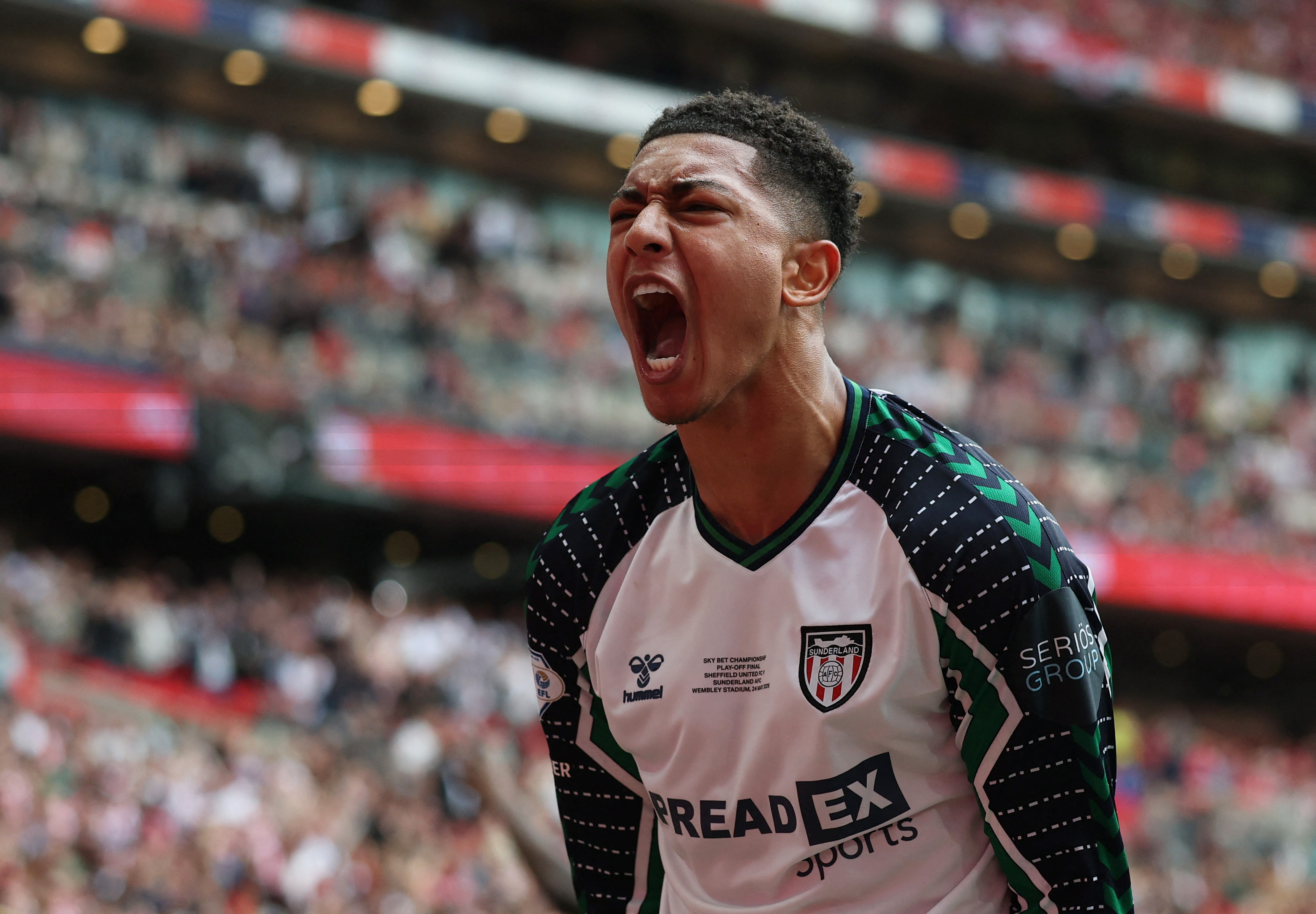 Sunderland's Jobe Bellingham celebrates after Eliezer Mayenda scores their first goal