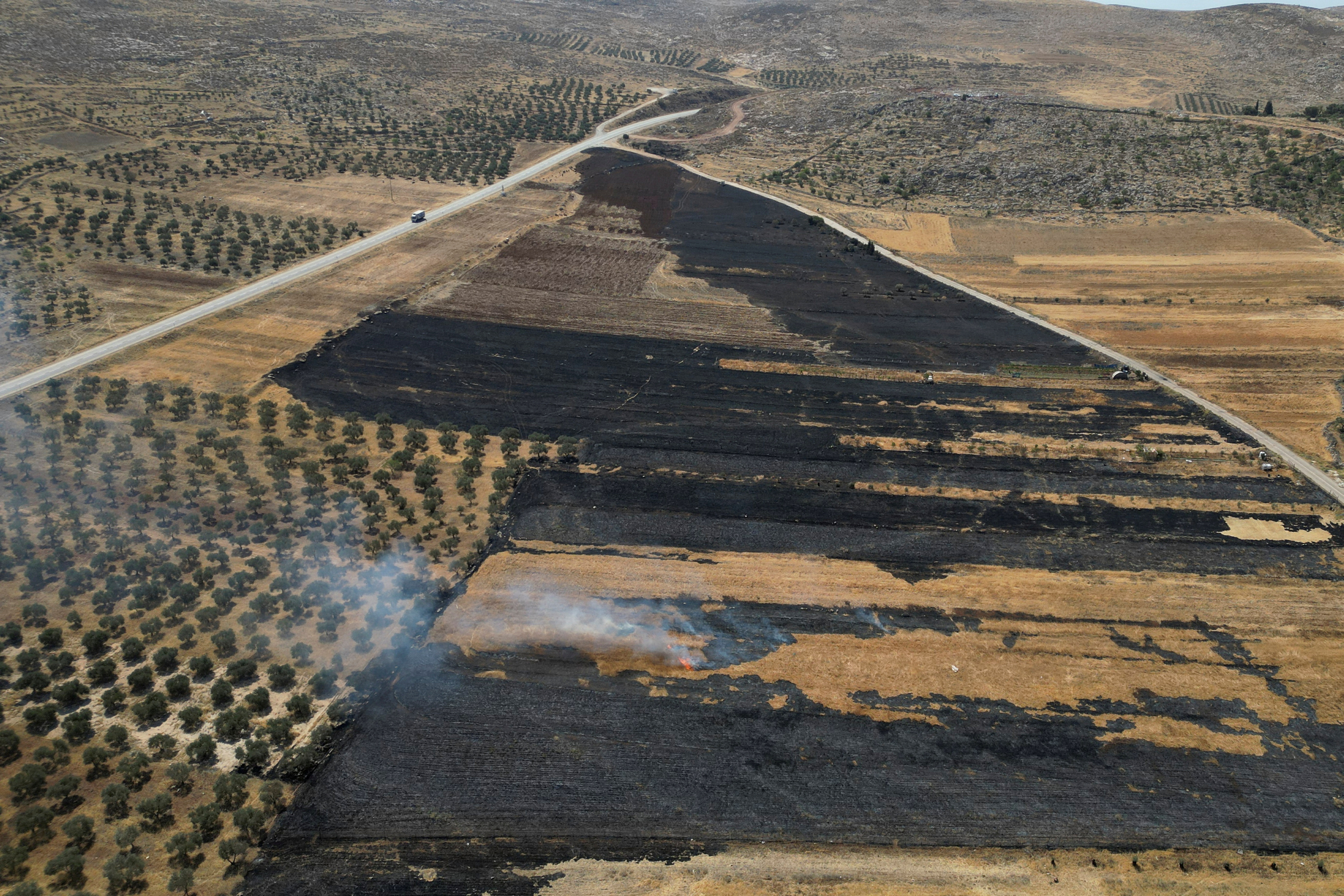 A drone view shows burnt farms, after an Israeli settlers attack in Al Mughayyir near Ramallah, in the Israeli-occupied West Bank, May 28, 2025. REUTERS/Mohammed Torokman