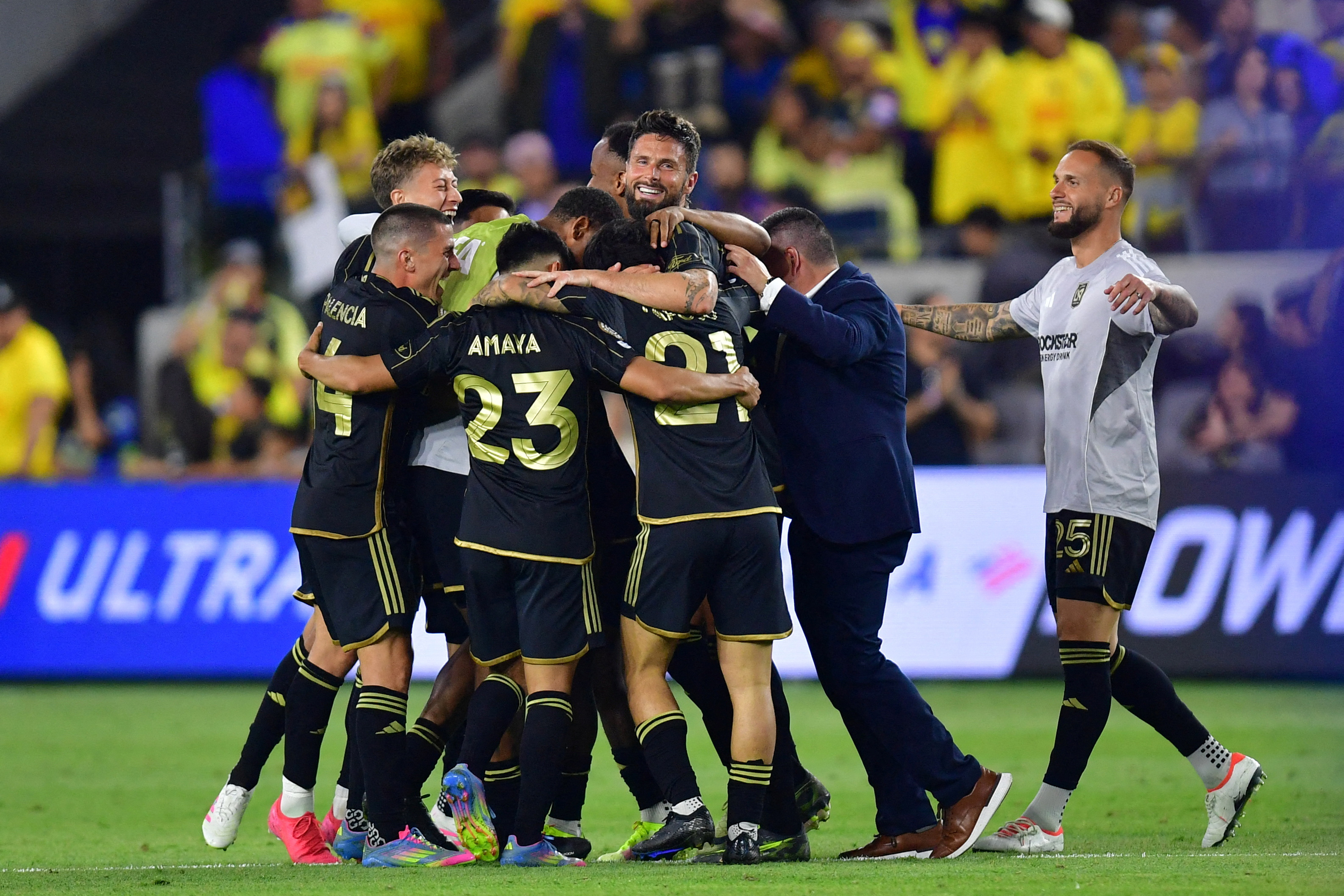 May 31, 2025; Los Angeles, California, USA; LAFC celebrates defeating Club America in extra time during a playoff match of the 2025 FIFA Club World Cup at BMO Stadium. Mandatory Credit: Gary A. Vasquez-Imagn Images TPX IMAGES OF THE DAY