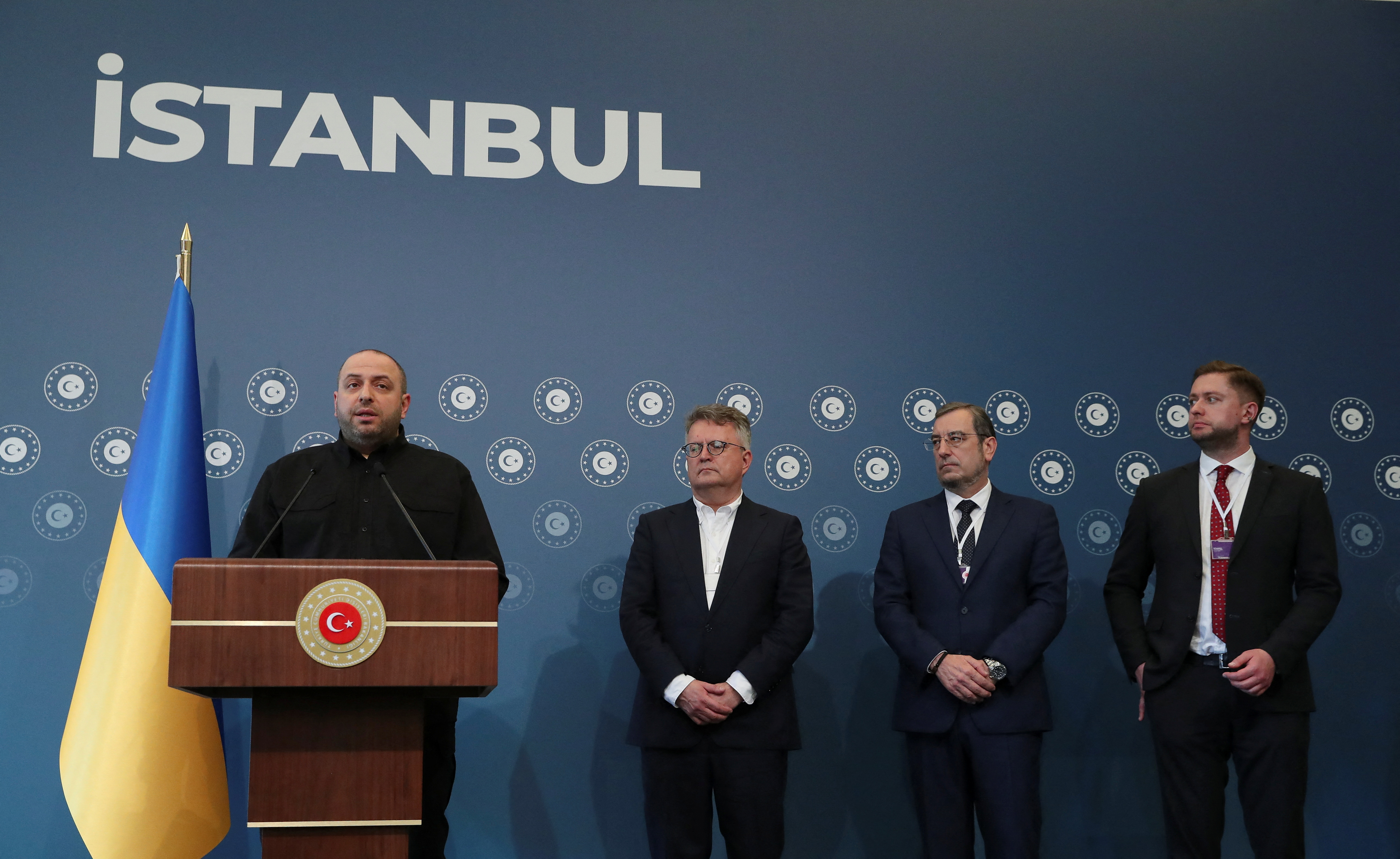 Ukrainian Defence Minister Rustem Umerov, who leads the Ukrainian delegation, speaks suring a press conference at Ciragan Palace, as Sergiy Kyslytsya, First Deputy Minister of Foreign Affairs of Ukraine, and Vadym Skibitskyi, Deputy Chief of the Defence Intelligence of Ukraine, stand by his side, on the day of the second round of peace talks between Russia and Ukraine, in Istanbul, Turkey, June 2, 2025. REUTERS/Cagla Gurdogan
