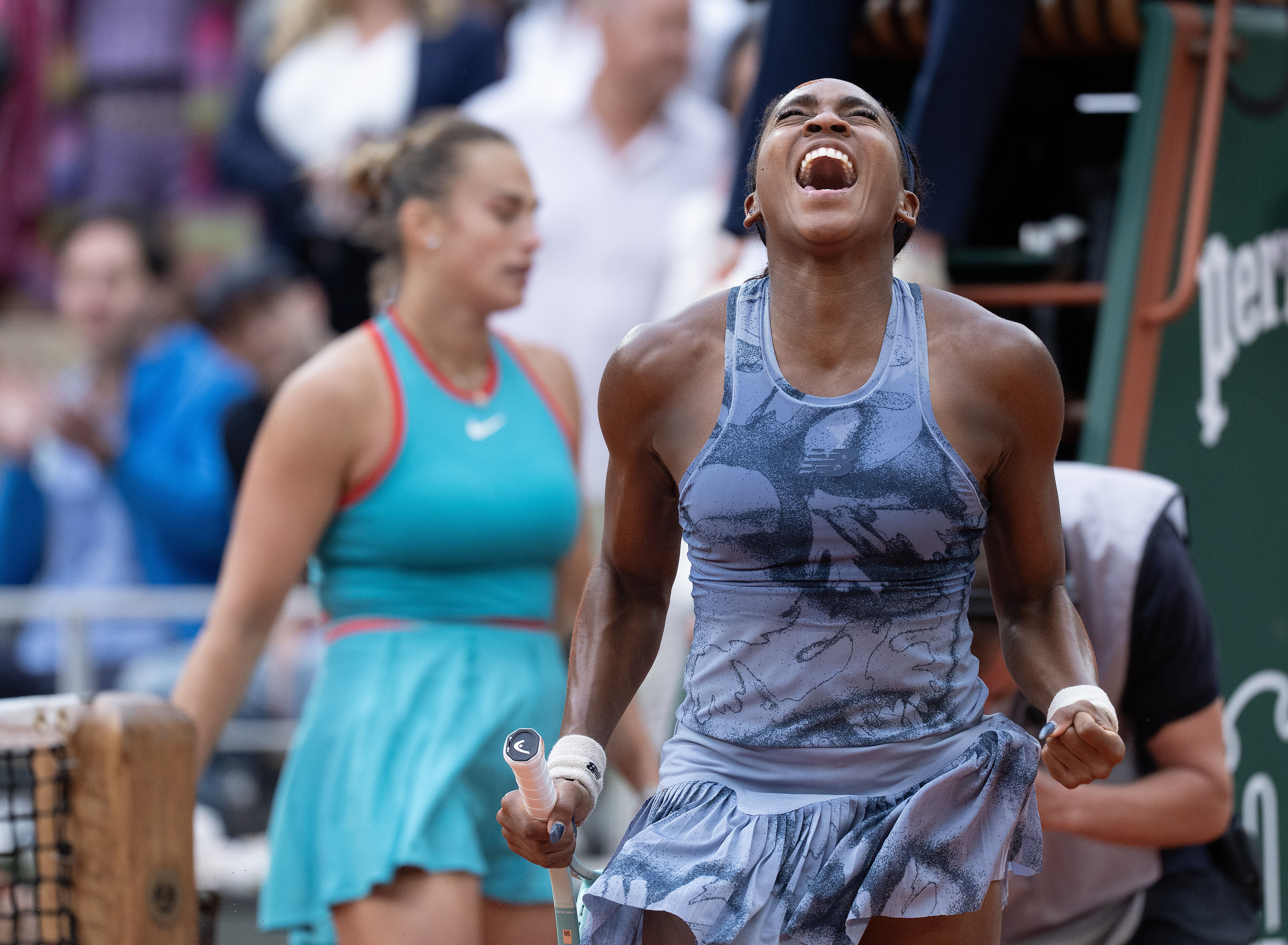 Coco Gauff of the United States celebrates winning the women's singles final against Aryna Sabalenka on day 14 at Roland Garros Stadium.