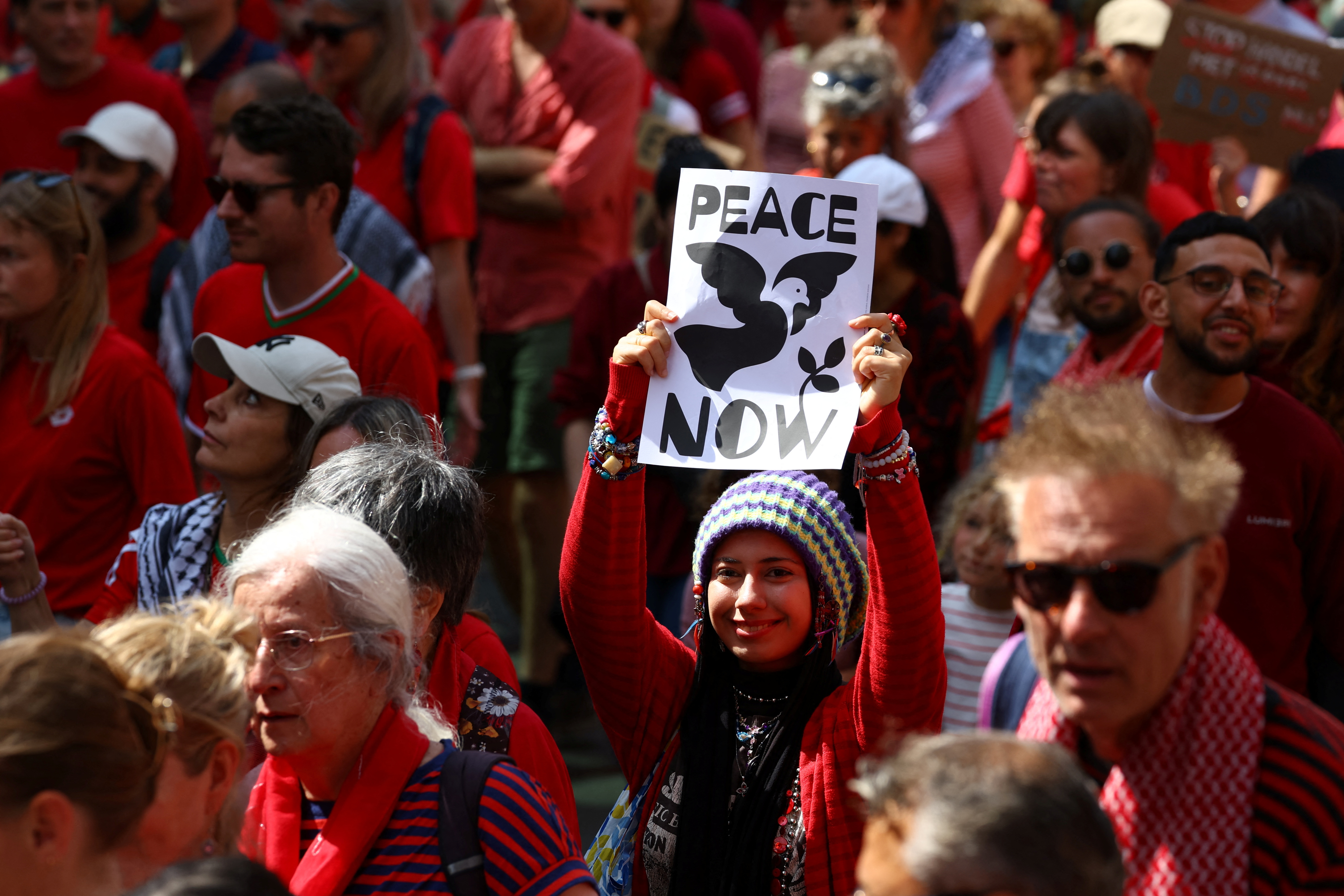 Demonstrators protest against conditions in Gaza and demand that the caretaker government impose sanctions against Israel