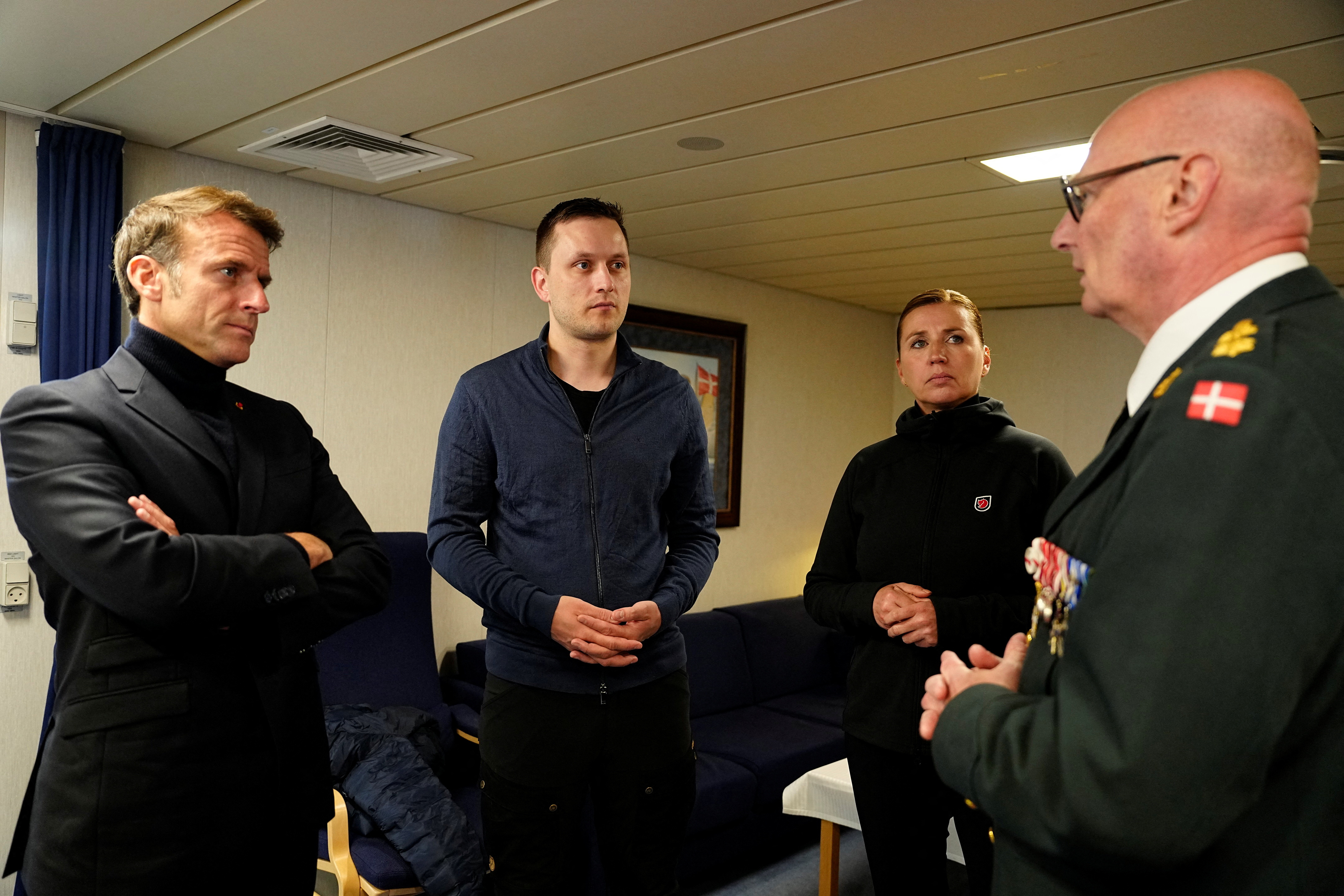 French President Emmanuel Macron, Danish Prime Minister Mette Frederiksen and Greenland's Prime Minister Jens-Frederik Nielsen
