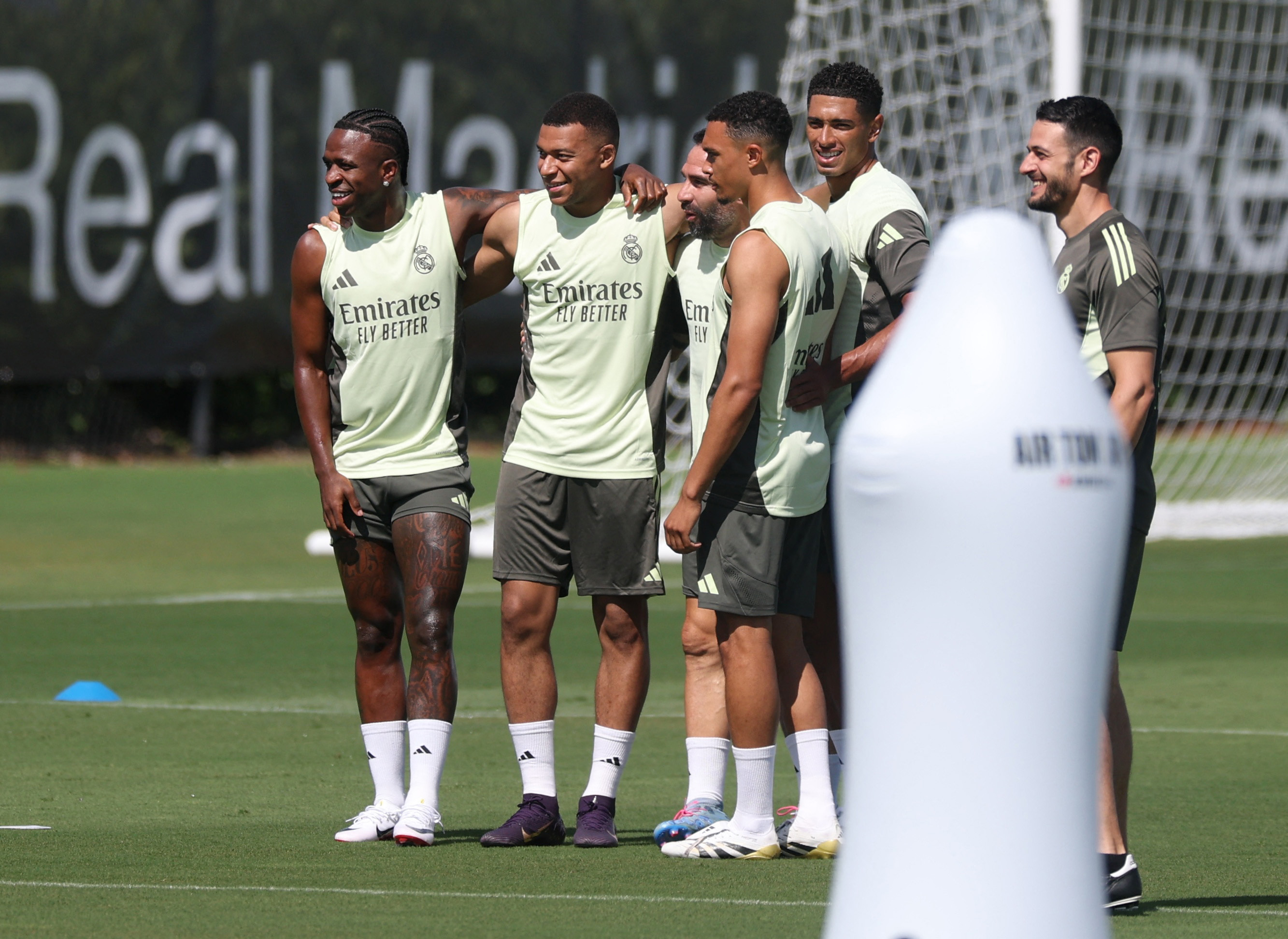 Real Madrid's Vinicius Junior, Kylian Mbappe, Dani Carvajal, Trent Alexander-Arnold and Jude Bellingham during training at the Club World Cup