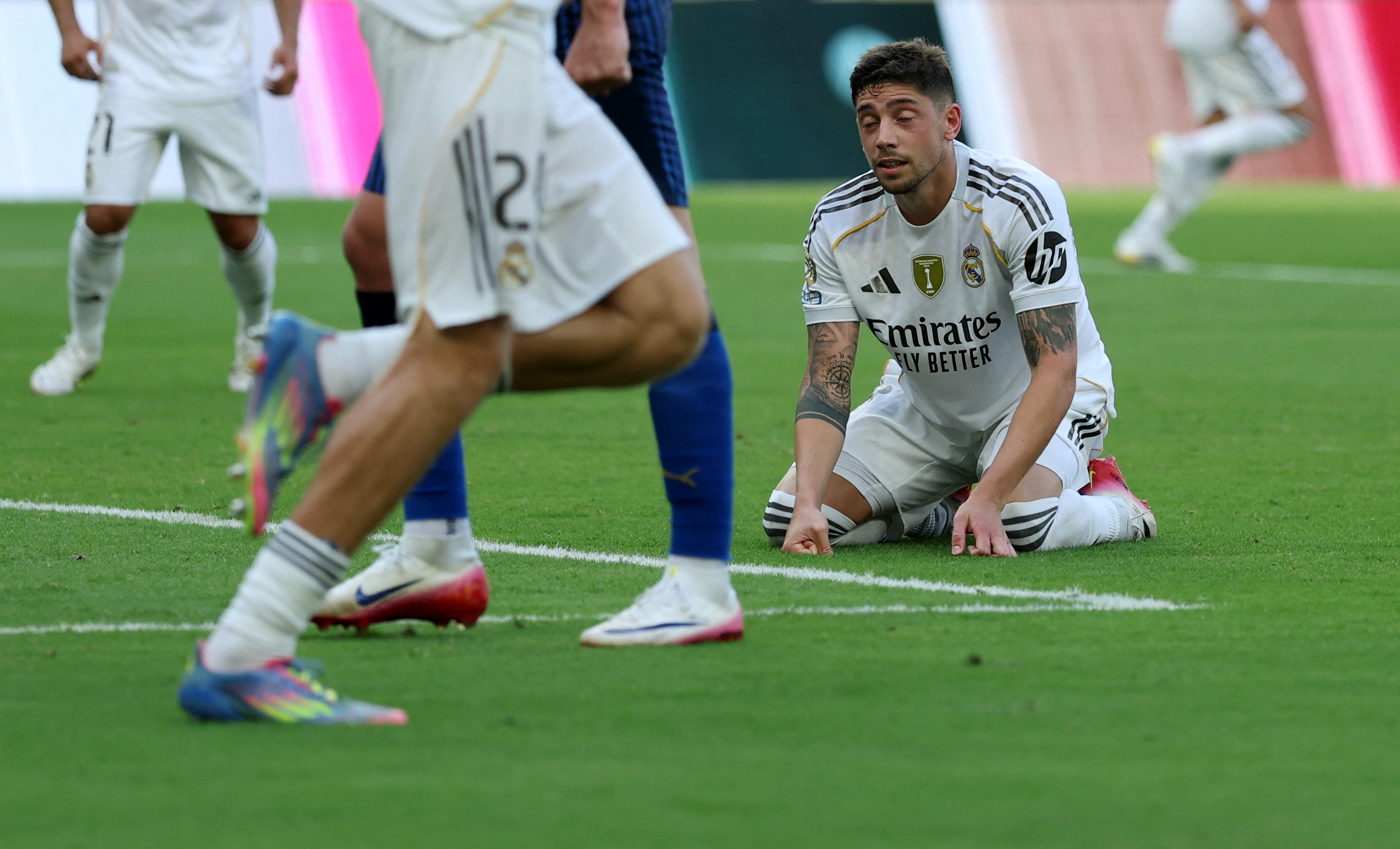 Real Madrid's Federico Valverde looks dejected after having his penalty saved by Al Hilal's Yassine Bono