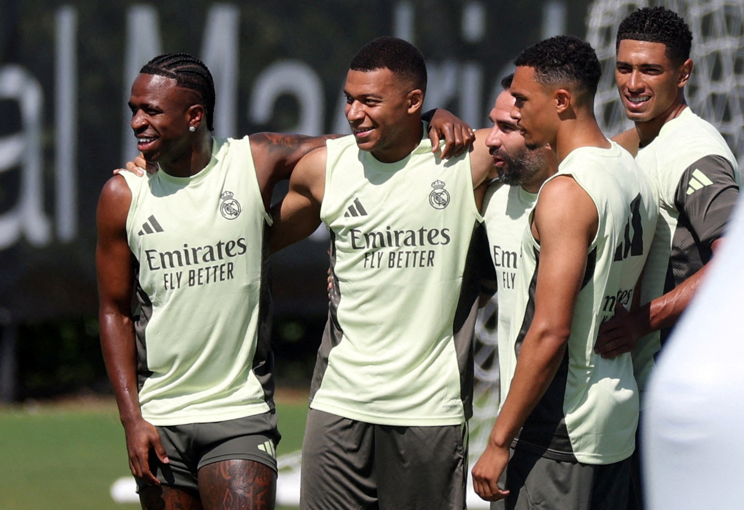 Real Madrid's Vinicius Junior, Kylian Mbappe, Dani Carvajal, Trent Alexander-Arnold and Jude Bellingham during training at the Club World Cup