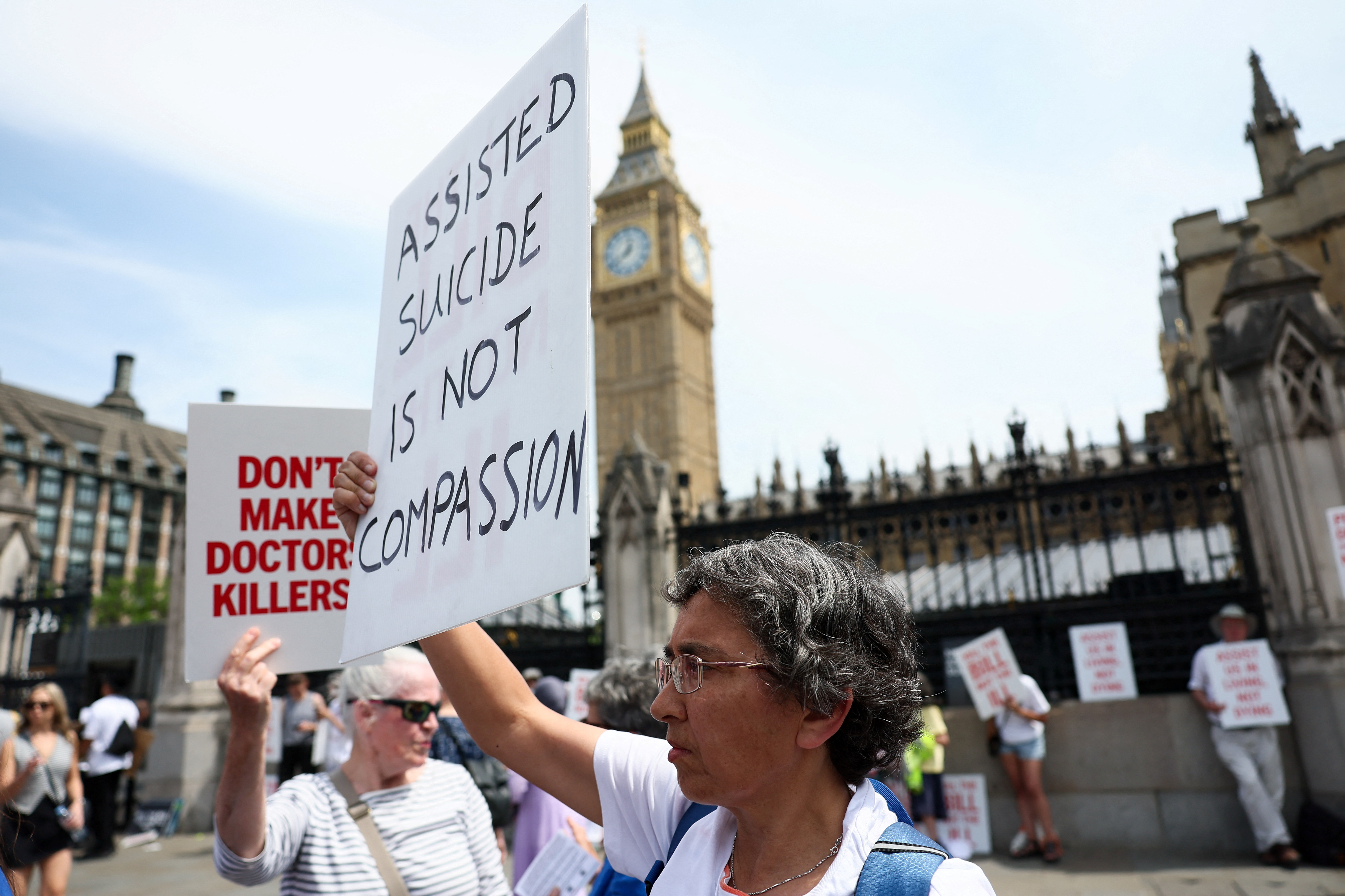 Demonstrators protest against the assisted dying law for terminally ill people, 