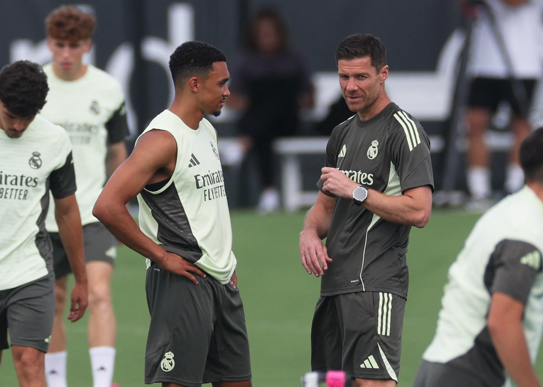 Real Madrid's Trent Alexander-Arnold and coach Xabi Alonso during training at the Club World Cup