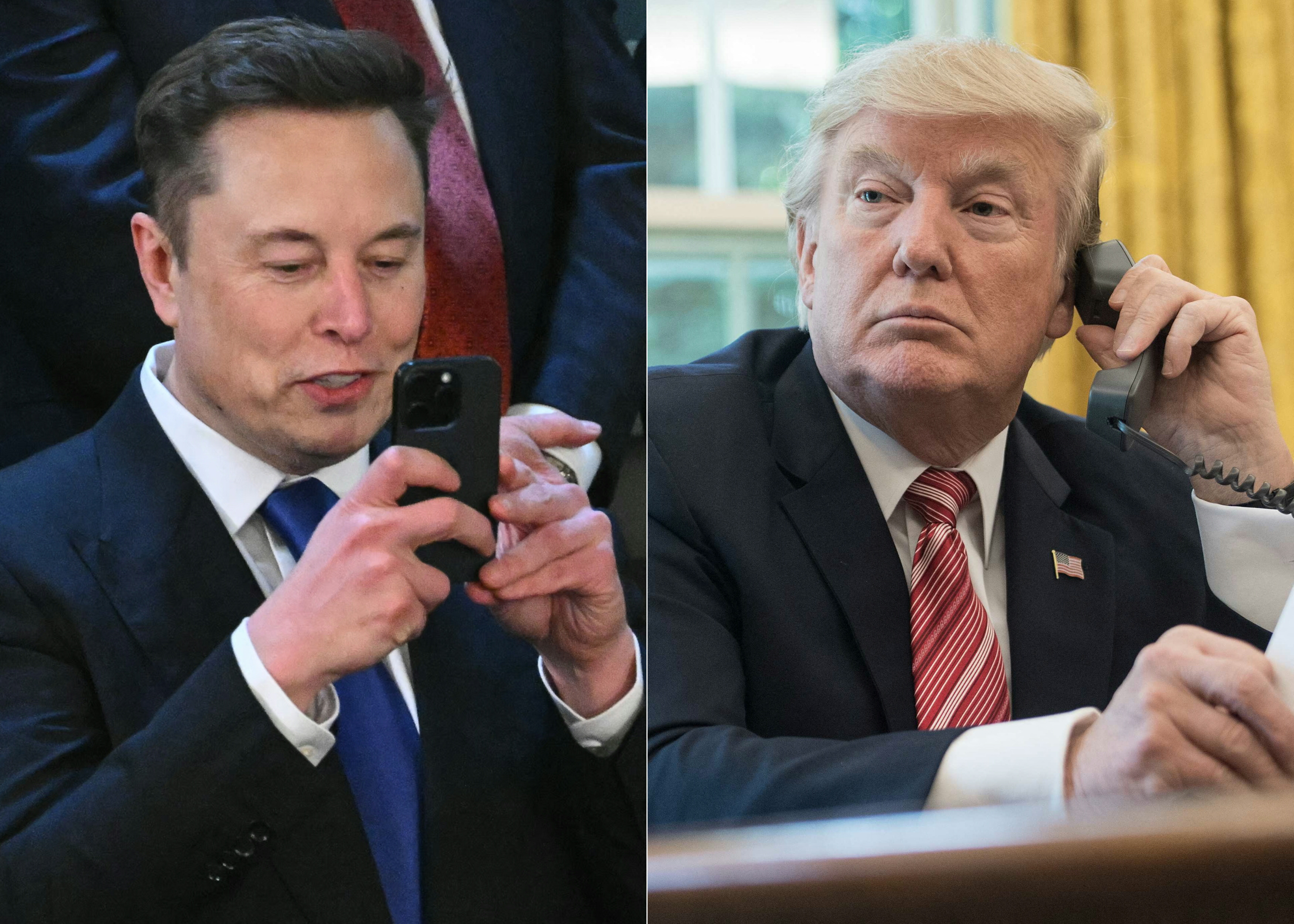 Elon Musk taking a picture with his phone, Donald Trump waiting to speak on the phone.