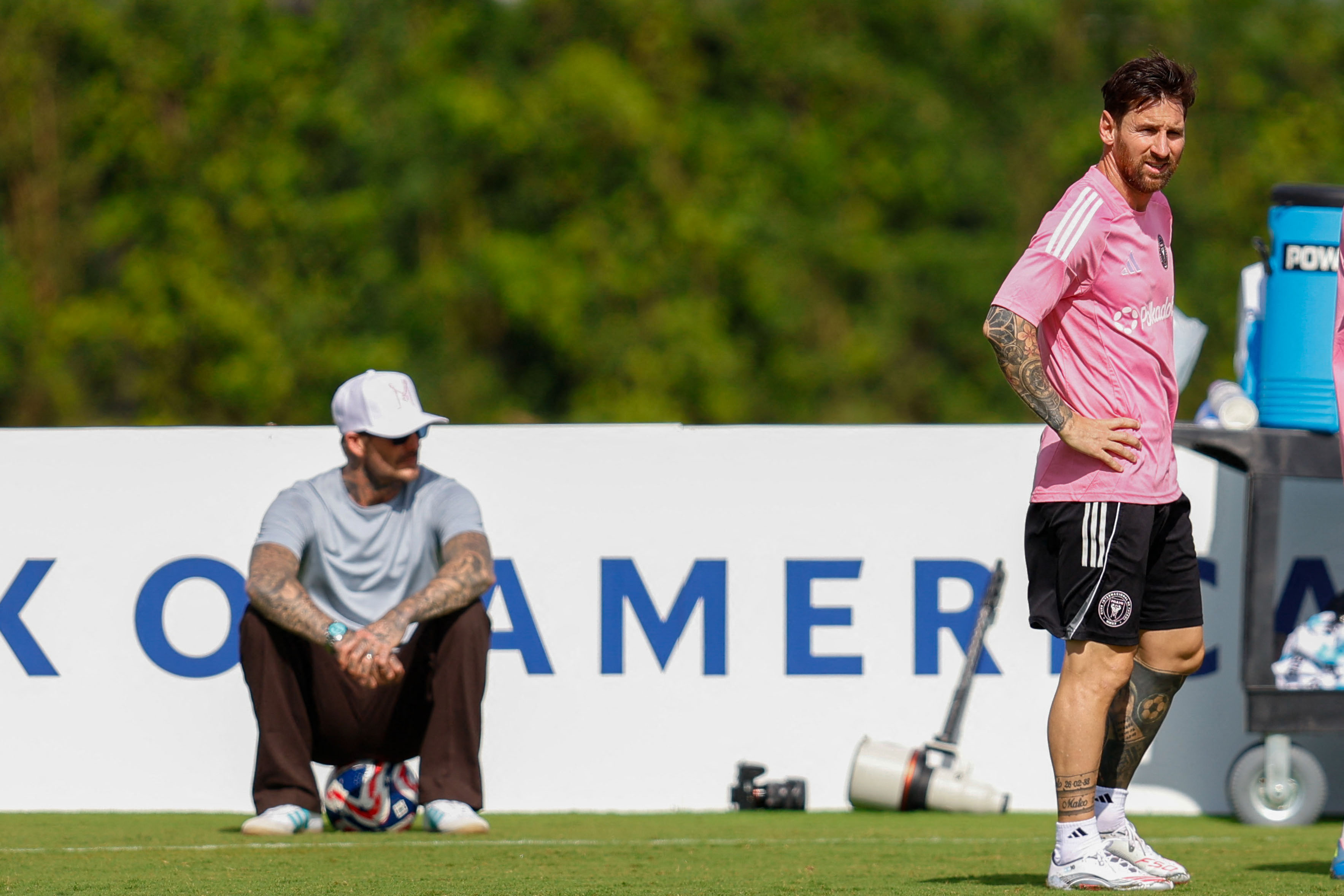 Co- Owner David Beckham of Inter Miami CF looks on as Lionel Messi #10 of Inter Miami CF participates the Training/Press Conference ahead of their FIFA Club World Cup 2025 match between Inter Miami CF and Al Ahly at Florida Blue Training Center on June 13, 2025 in Fort Lauderdale