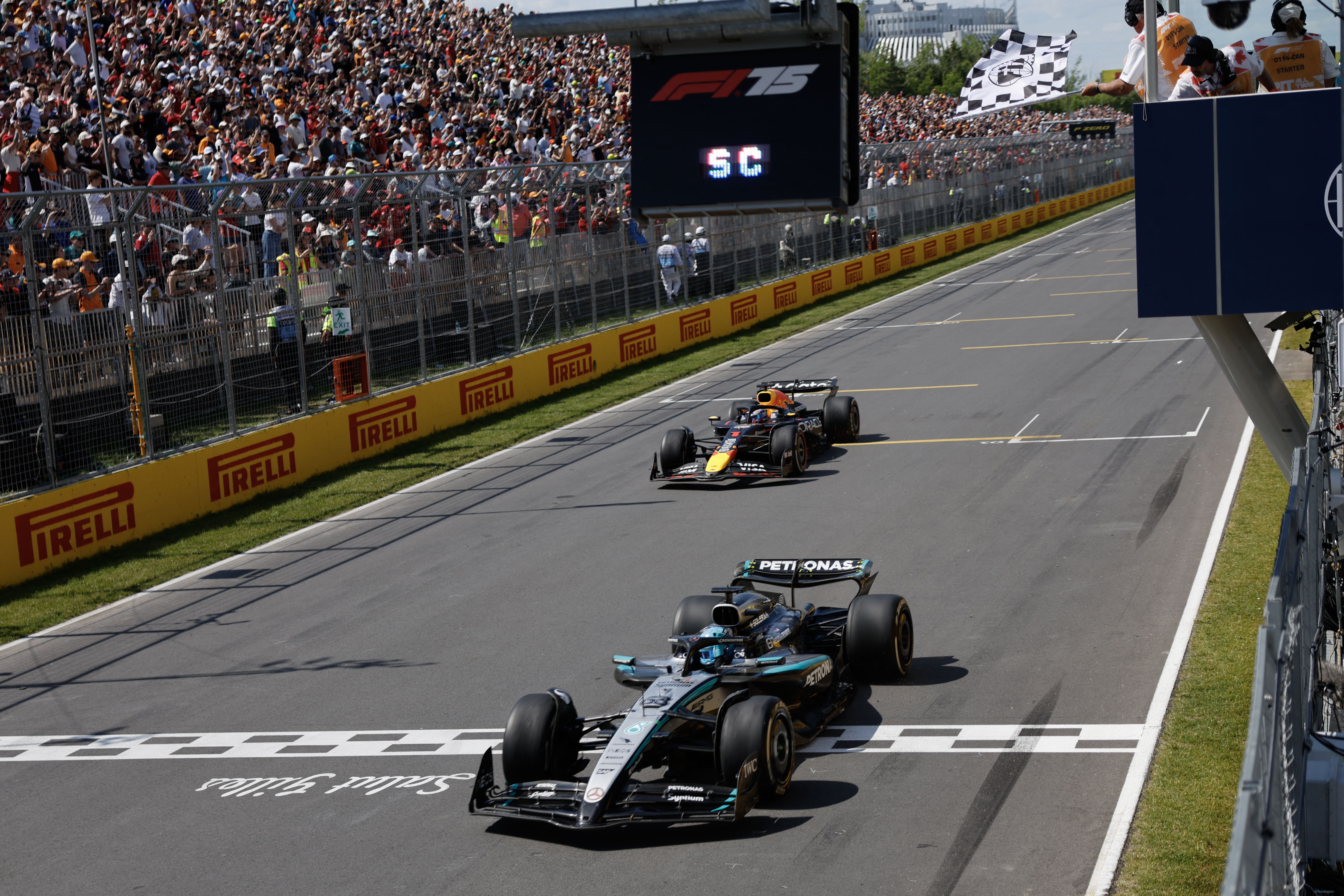 George Russell crosses finish line.