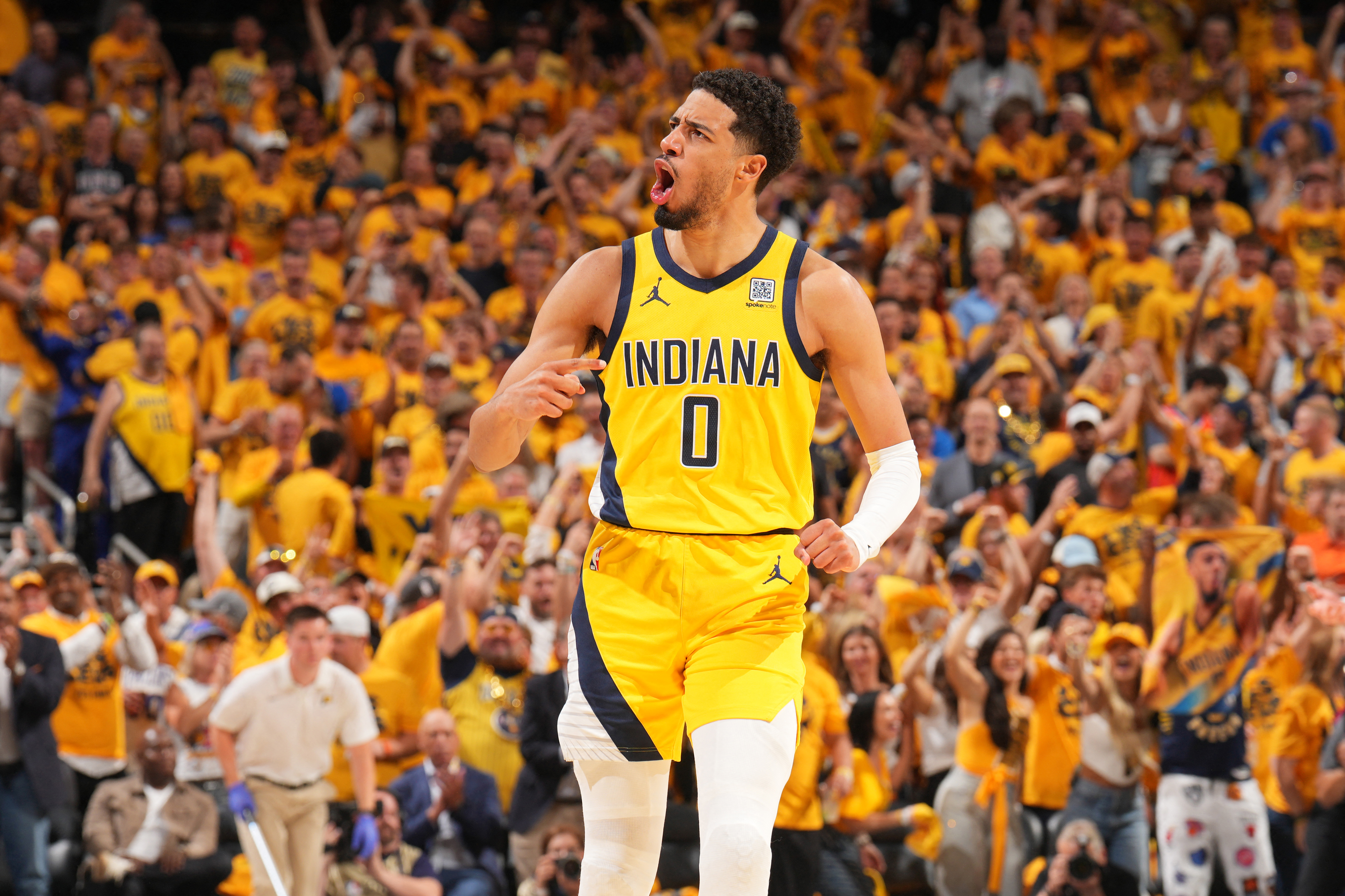 Tyrese Haliburton reacts.