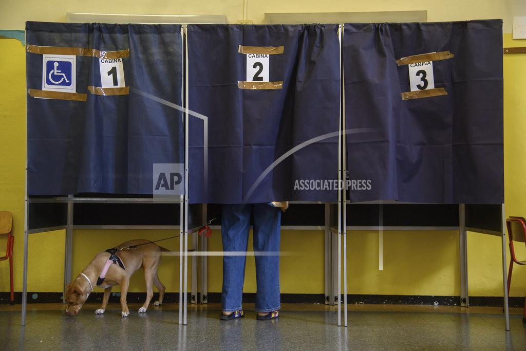 A dog on a leash waits as its owner votes in a booth for referendums on citizenship and job protections, at a polling station in Milan, Italy, Sunday, June 8, 2025. [Claudio Furlan/LaPresse via AP]