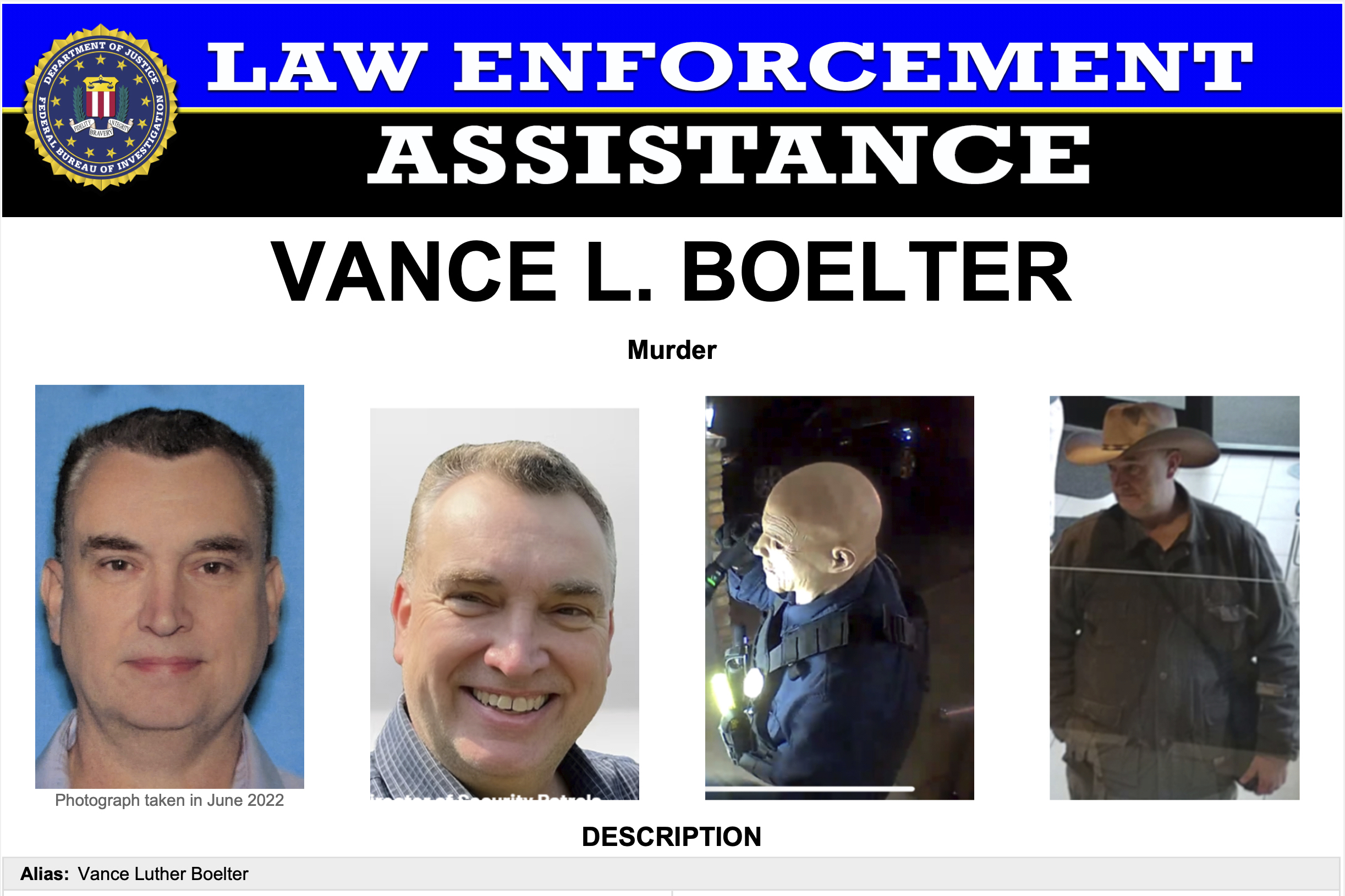 This image provided by the FBI on Saturday, June 14, 2025, shows part of a poster with photos of Vance L. Boelter. (FBI via AP)