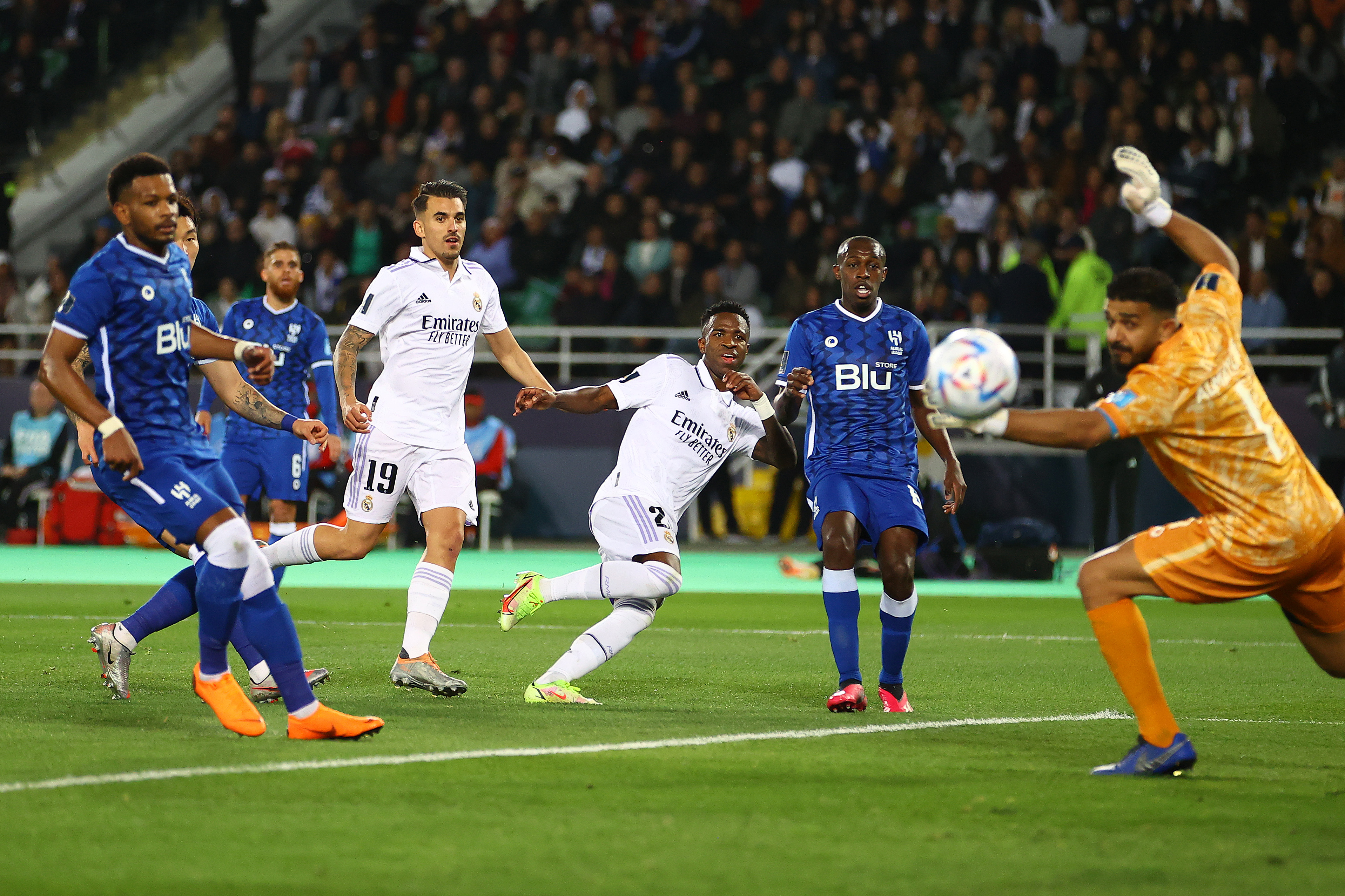 Vinicius Junior of Real Madrid scores their sides fifth goal during the FIFA Club World Cup Morocco 2022 Final match between Real Madrid and Al Hilal