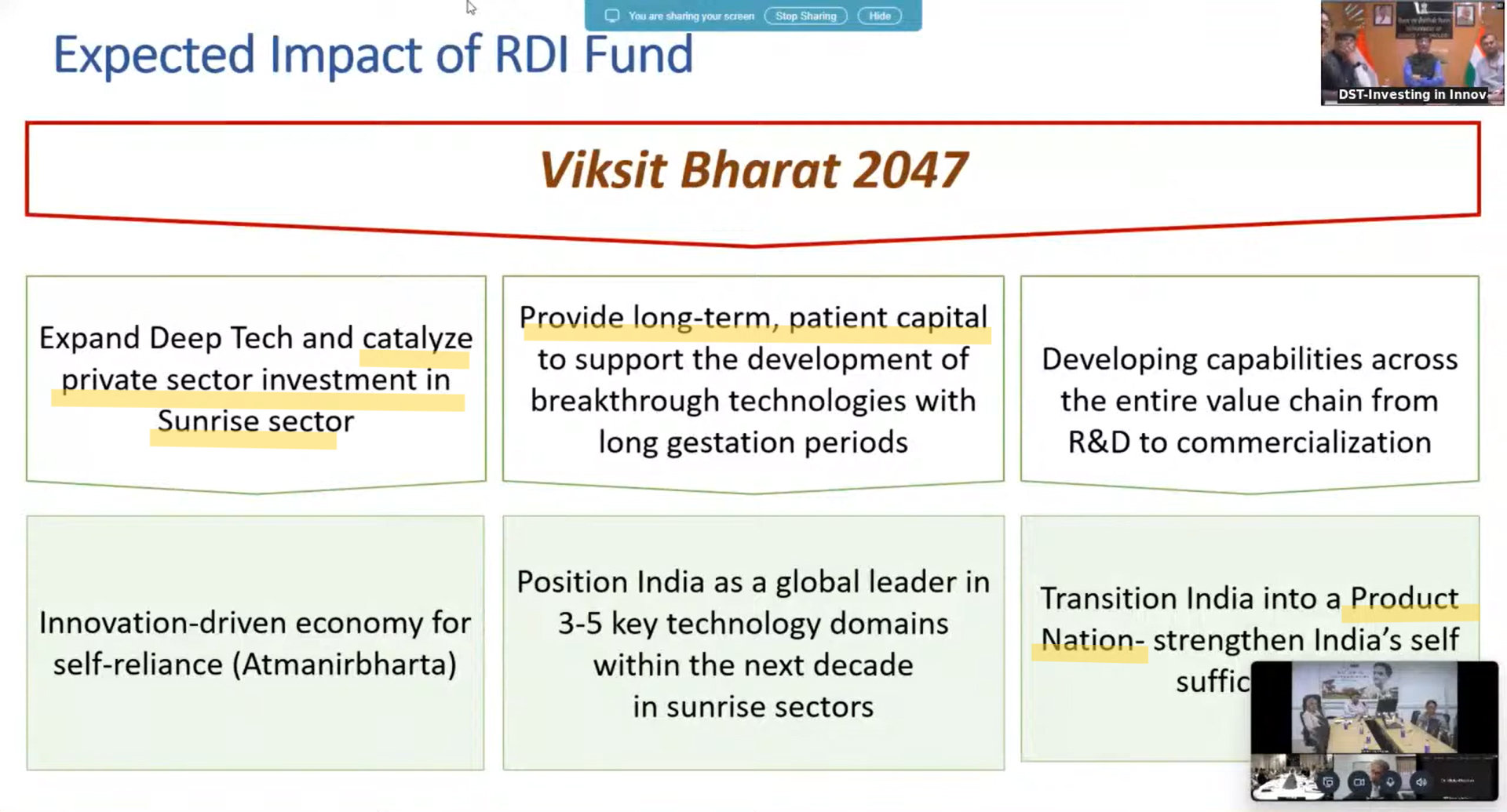 Screenshot of the post-budget webinar where DST officials explained the RDI scheme.