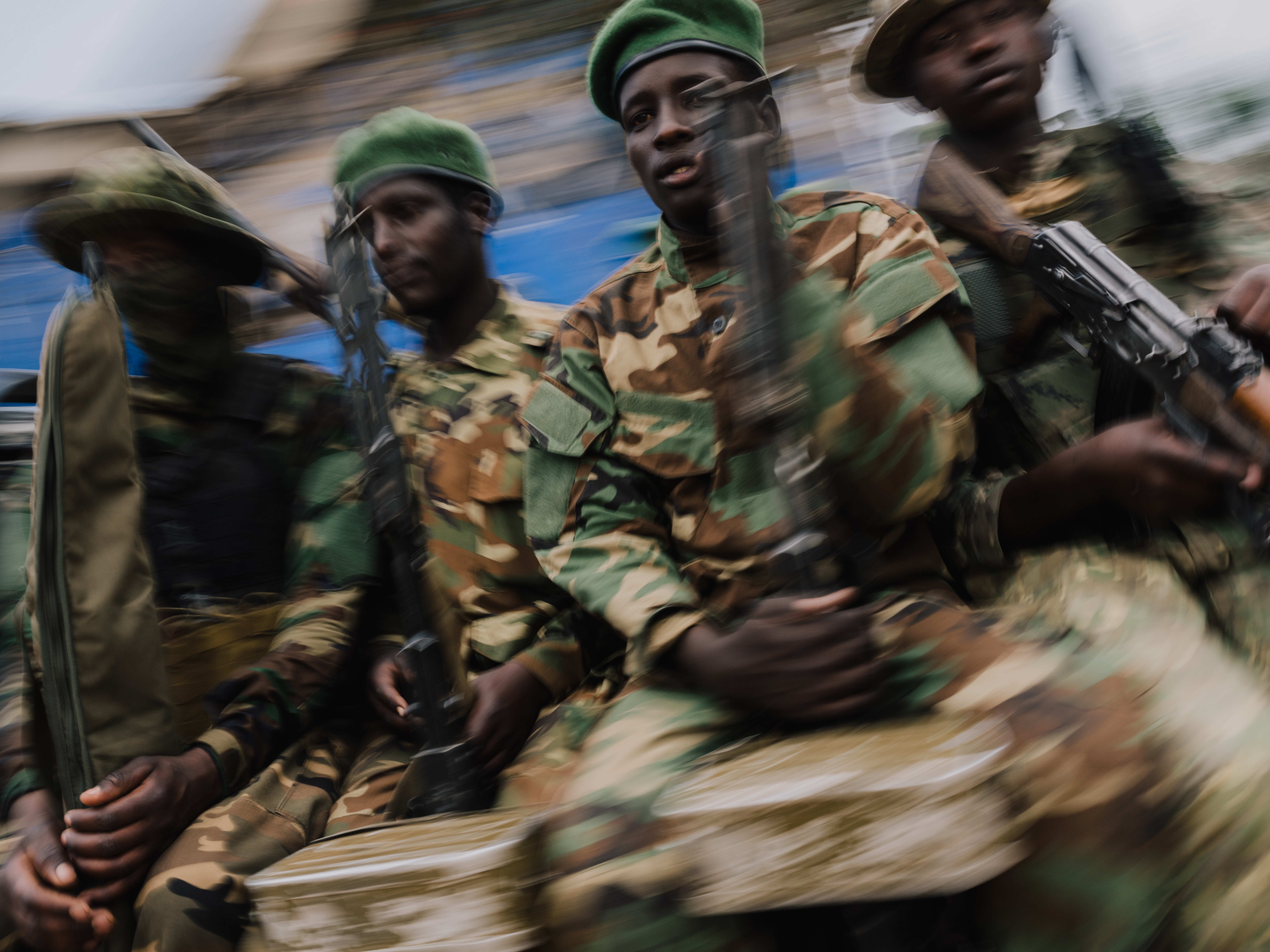BUKAVU, DEMOCRATIC REPUBLIC OF CONGO - FEBRUARY 22: M23 rebels guard a unit of surrendering Congolese police officers who will be recruited into the rebel group on February 22, 2025 in Bukavu, Democratic Republic of Congo. The Rwandan-backed rebel group M23 swept into Bukavu over the weekend, taking control of the city with a population of approximately one million people in Democratic Republic of the Congo's (DRC) South Kivu Province. Hundreds of thousands of people in the eastern part of the DRC have been displaced as the rebel group has made swift advances against Congolese pro-government forces in recent weeks. (Photo by Hugh Kinsella Cunningham/Getty Images)