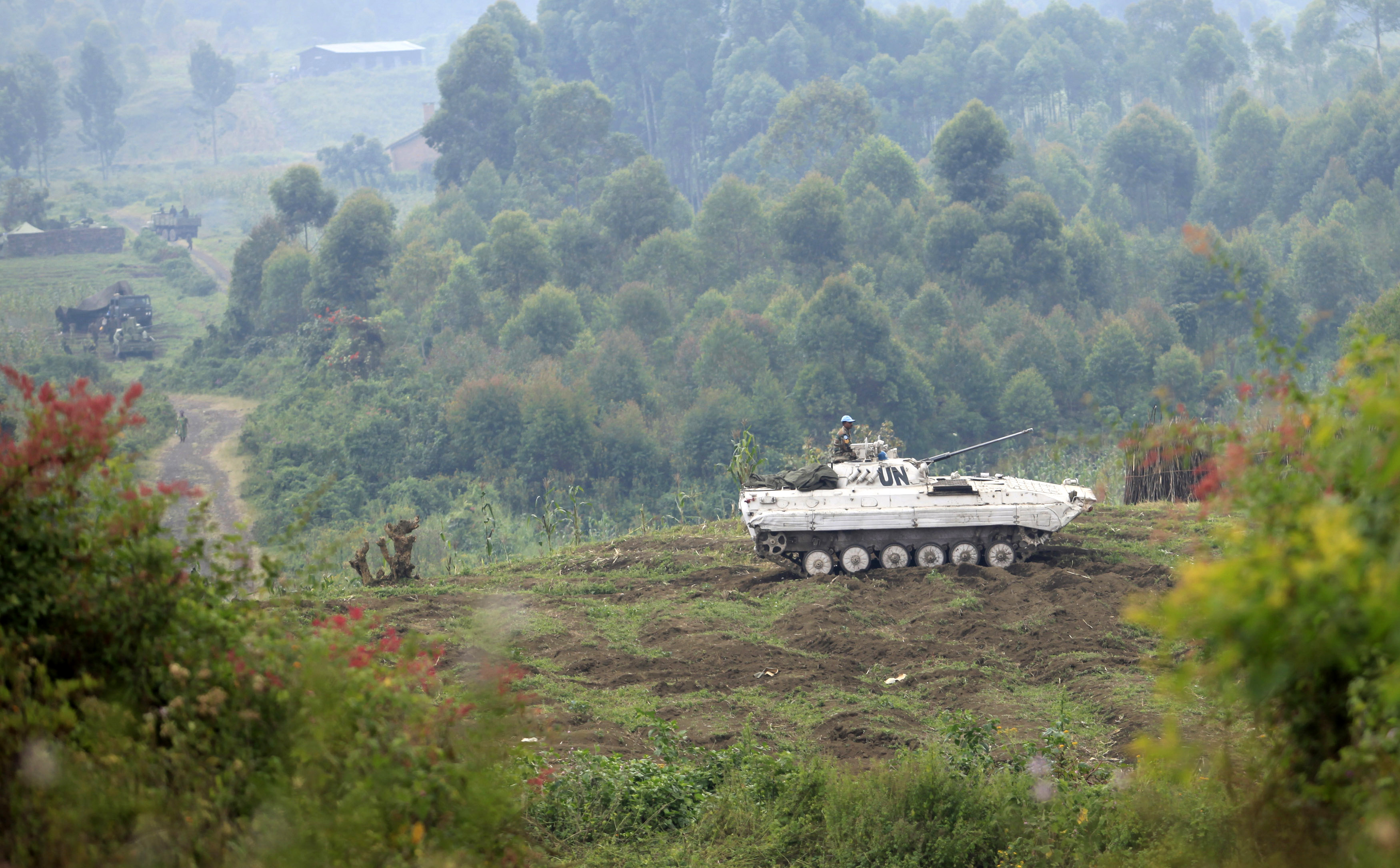 A UN armoured vehicle holds a position.