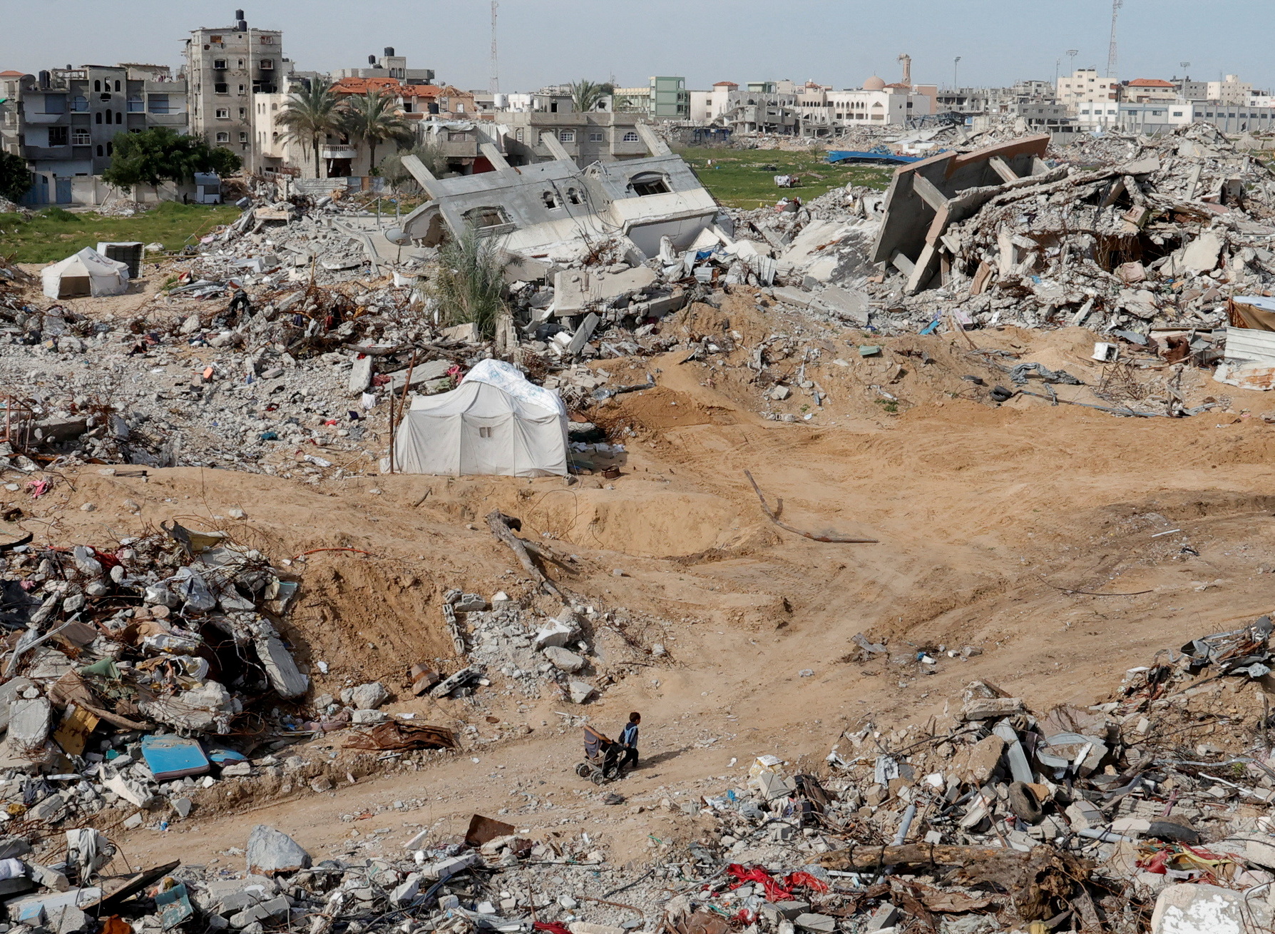 General view of rubble of houses destroyed during the Israeli offensive, in Rafah, in the southern Gaza Strip, March 13, 2025.