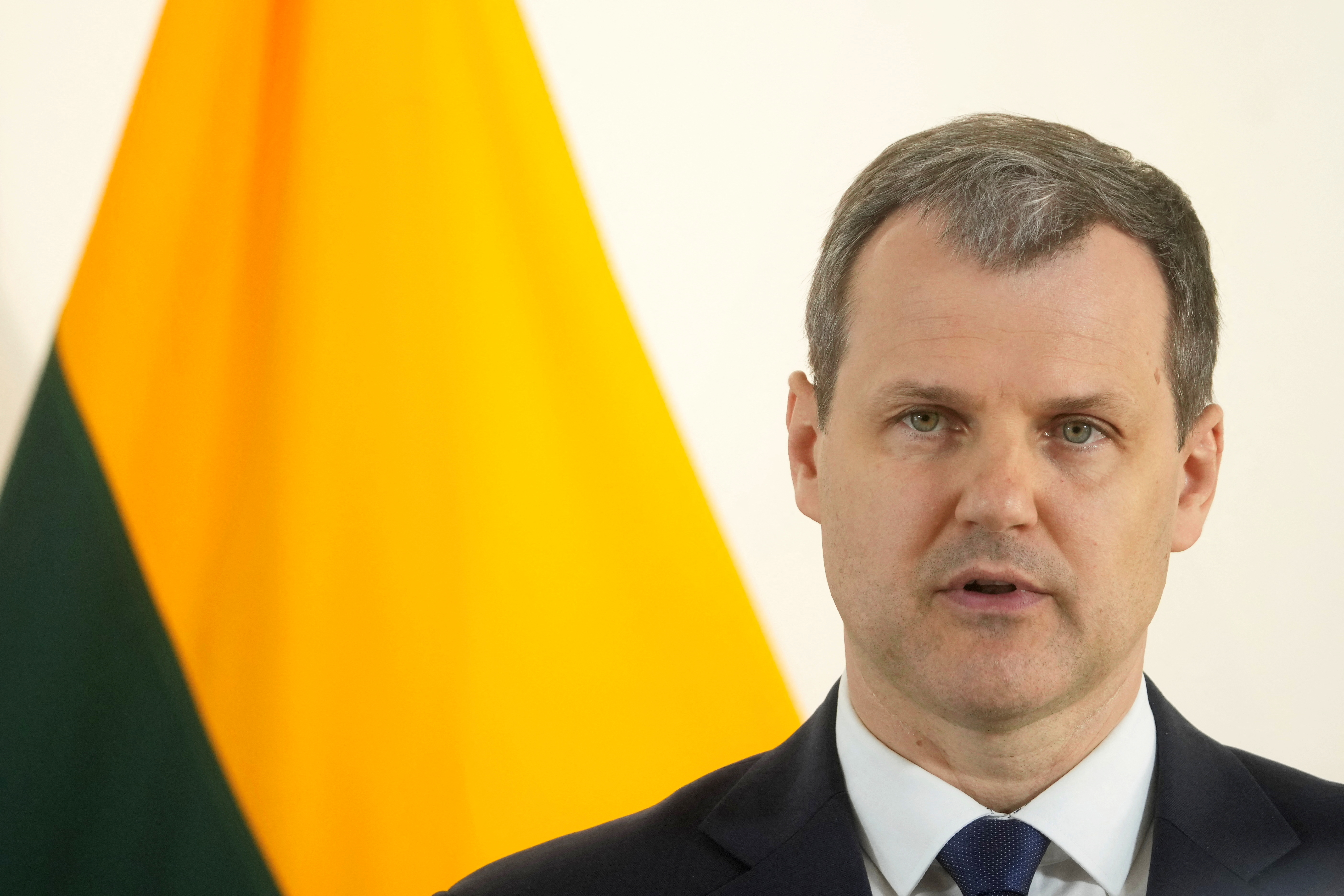 Lithuanian Prime Minister Gintautas Paluckas speaks.