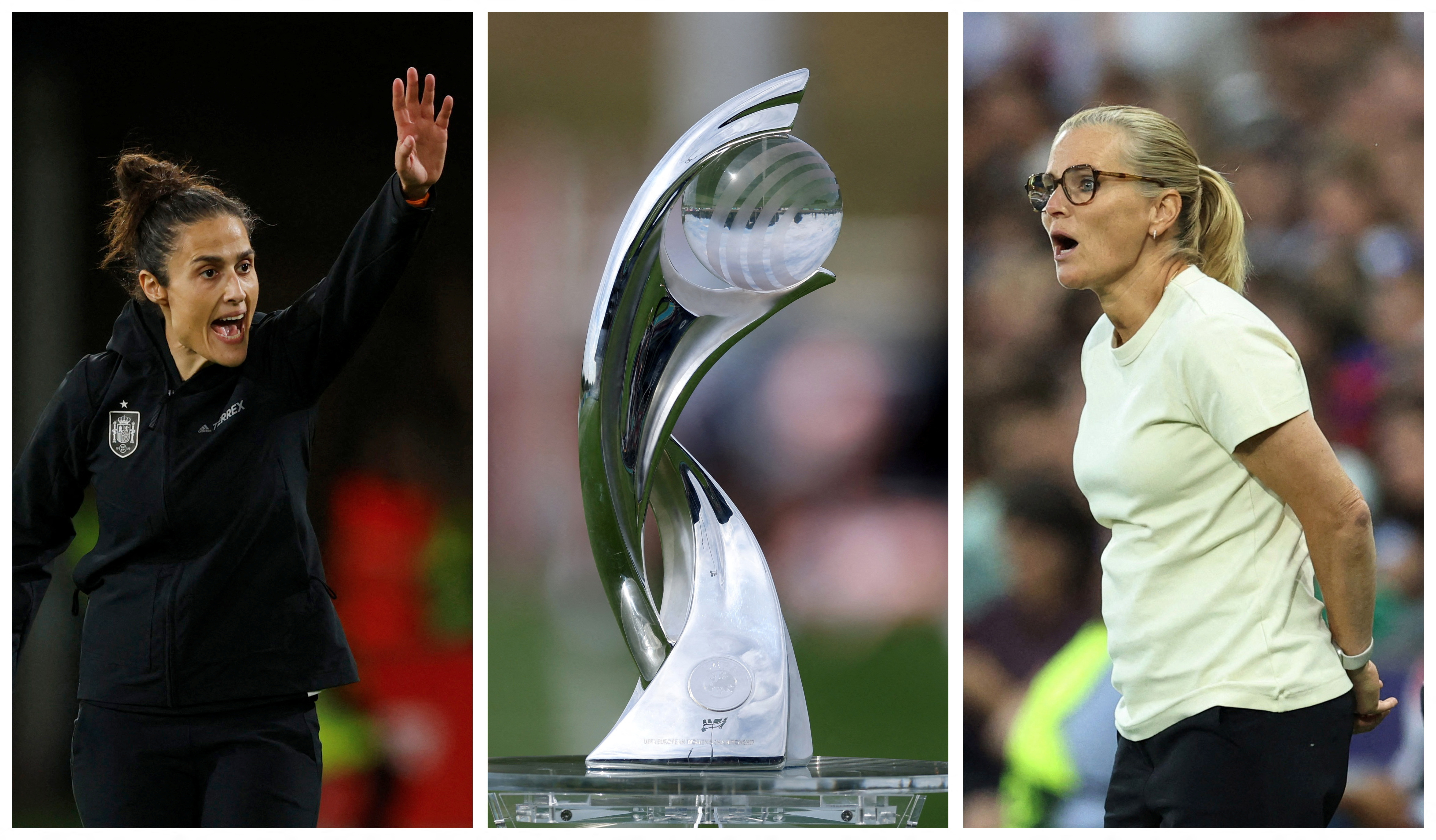 Football - A combination picture shows Spain coach Tome Montserrat, the women's Euro trophy and England manager Sarina Wiegman ahead of the UEFA Women's Euro 2025 Final