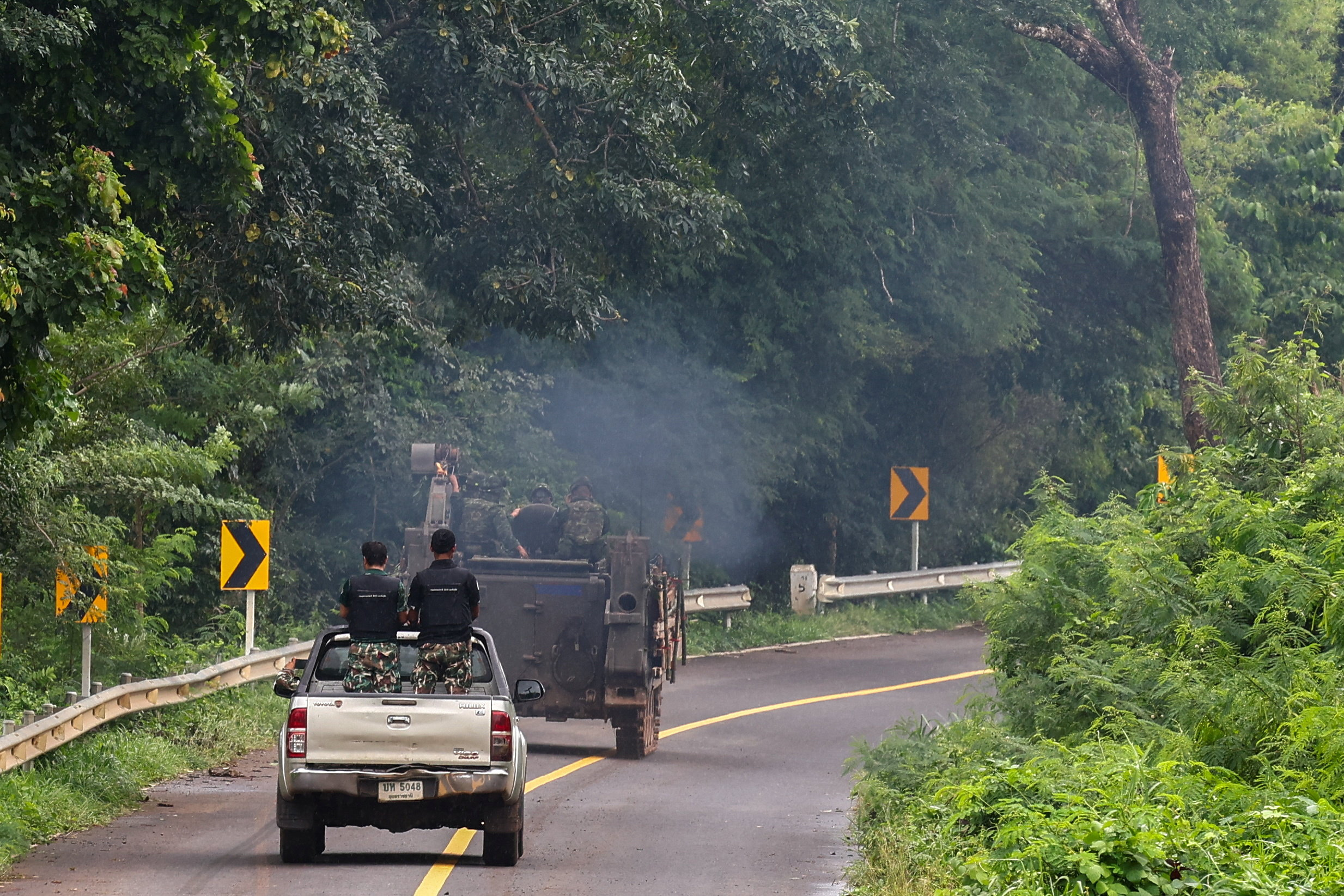 Military vehicles are seen in Sisaket province, as Cambodia and Thailand each said the other had launched artillery attacks across contested border areas early on Sunday, hours after U.S. President Donald Trump said the leaders of both countries had agreed to work on a ceasefire, Thailand, July 27, 2025. REUTERS/Athit Perawongmetha