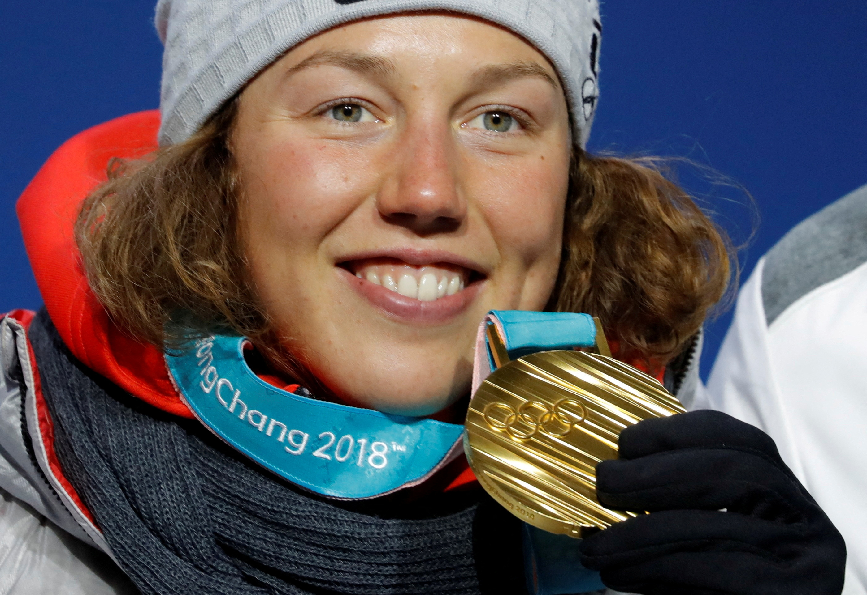 Medals Ceremony - Biathlon - Pyeongchang 2018 Winter Olympics - Women's 10 km Pursuit - Medals Plaza - Pyeongchang, South Korea - February 13, 2018 - Gold medallist Laura Dahlmeier of Germany on the podium