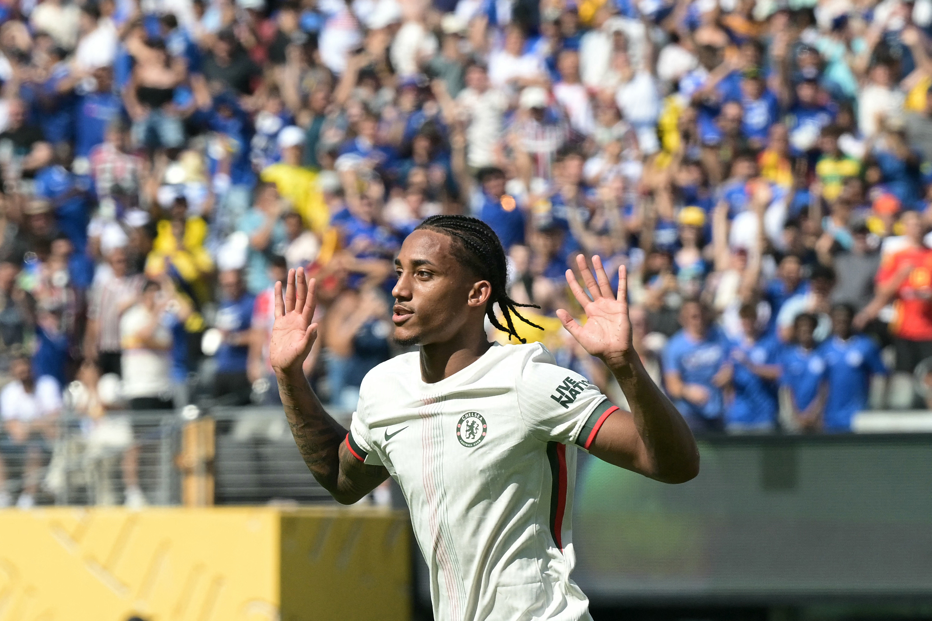 Chelsea's Brazilian forward #20 Joao Pedro celebrates scoring his team's second goal during the FIFA Club World Cup 2025 semifinal