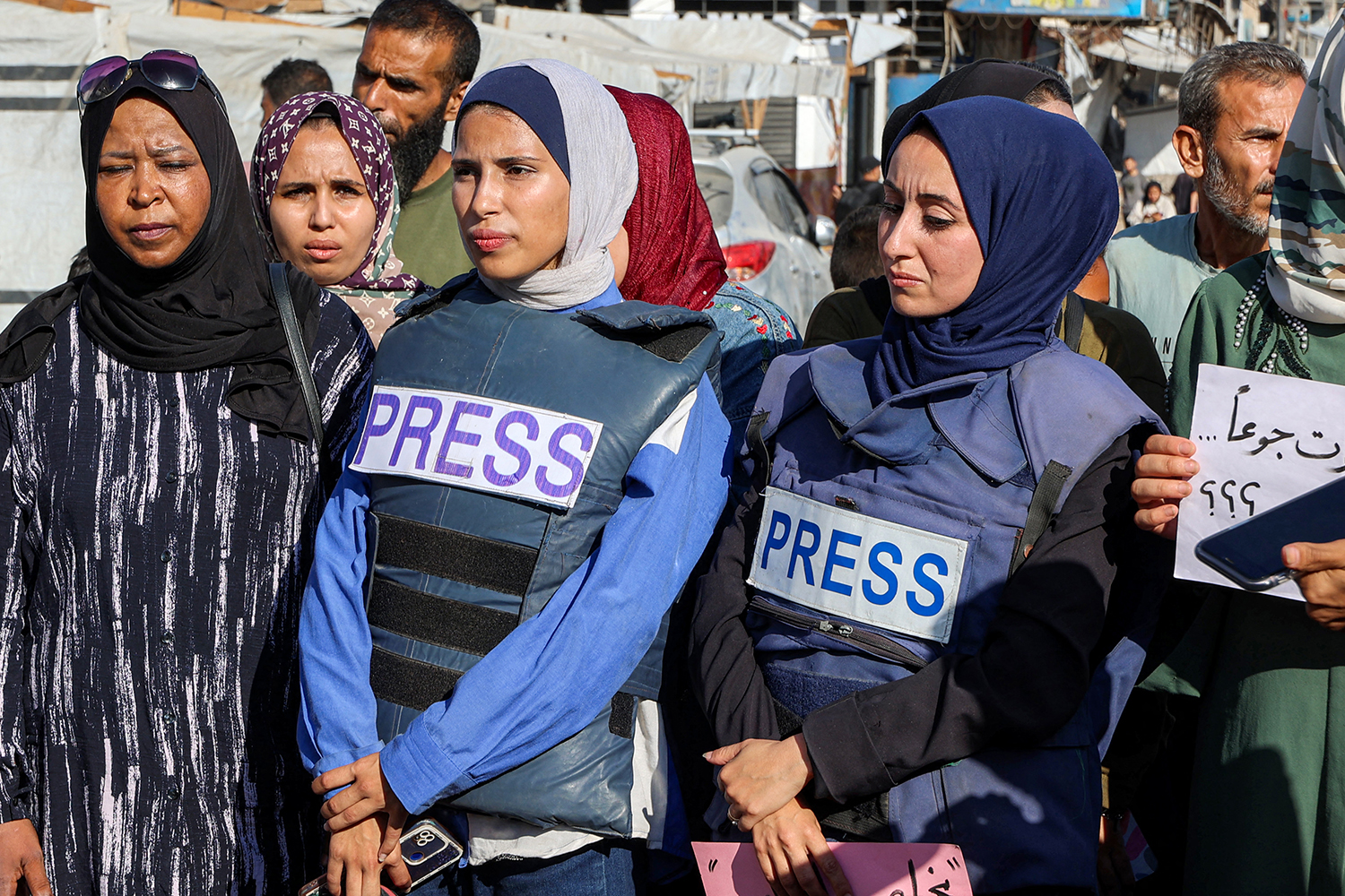 Journalists gather to protest against hunger in the Rimal district of Gaza City