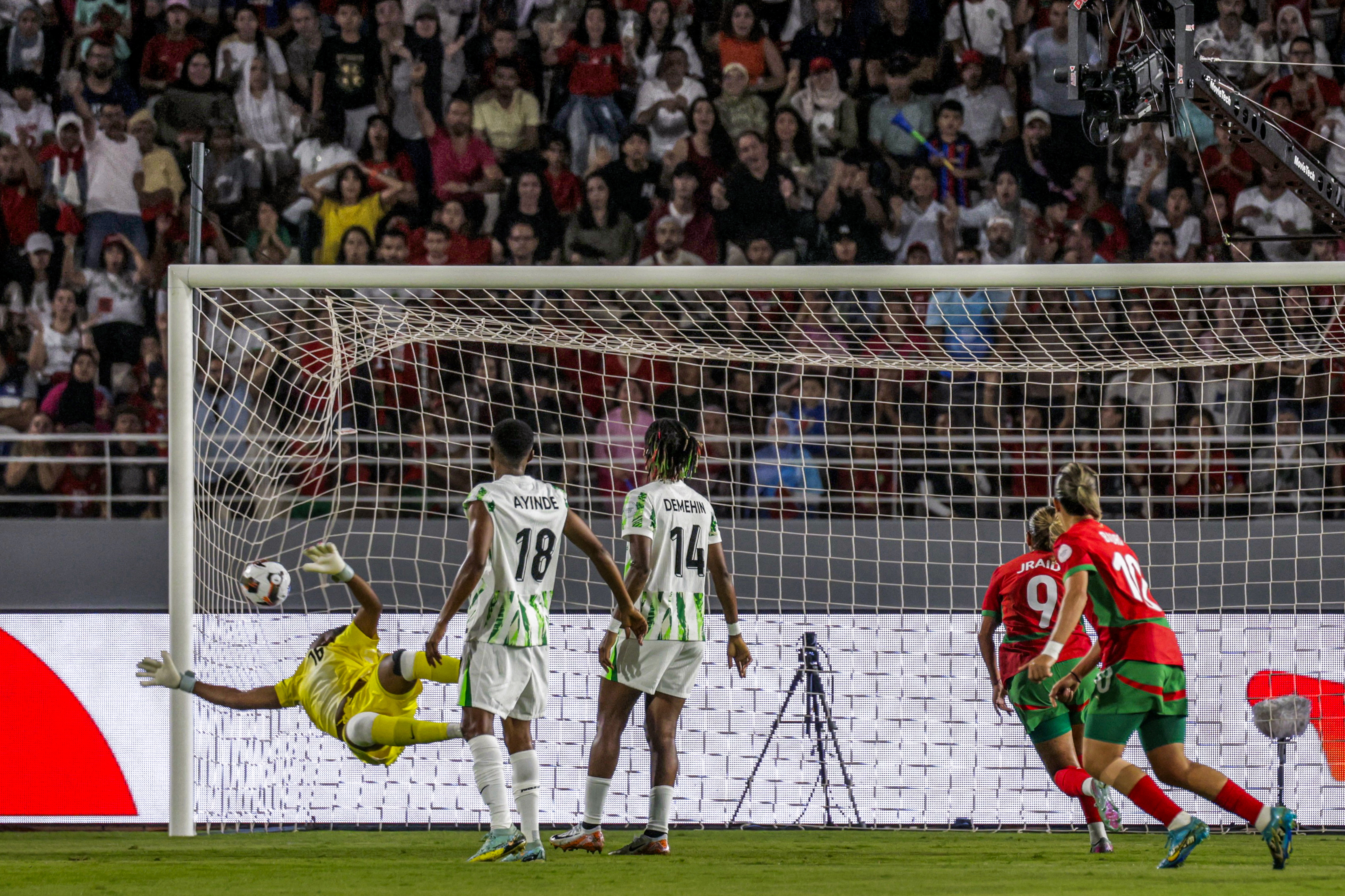 Nigeria's goalkeeper Chiamaka Nnadozie fails to save a shot during the 2025 Women's Africa Cup of Nations final 