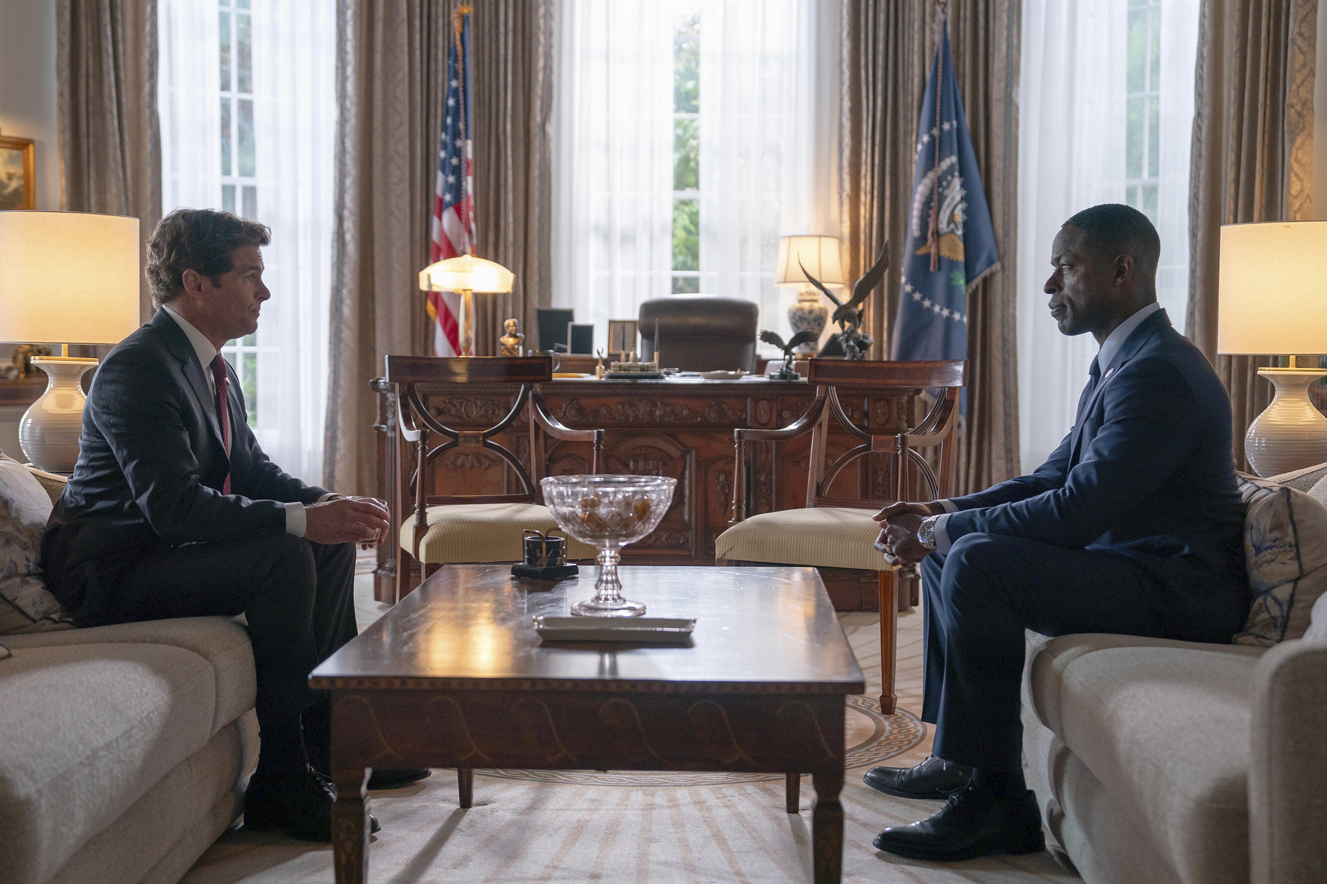 This image released by Disney shows James Marsden, left, and Sterling K. Brown in a scene from "Paradise."