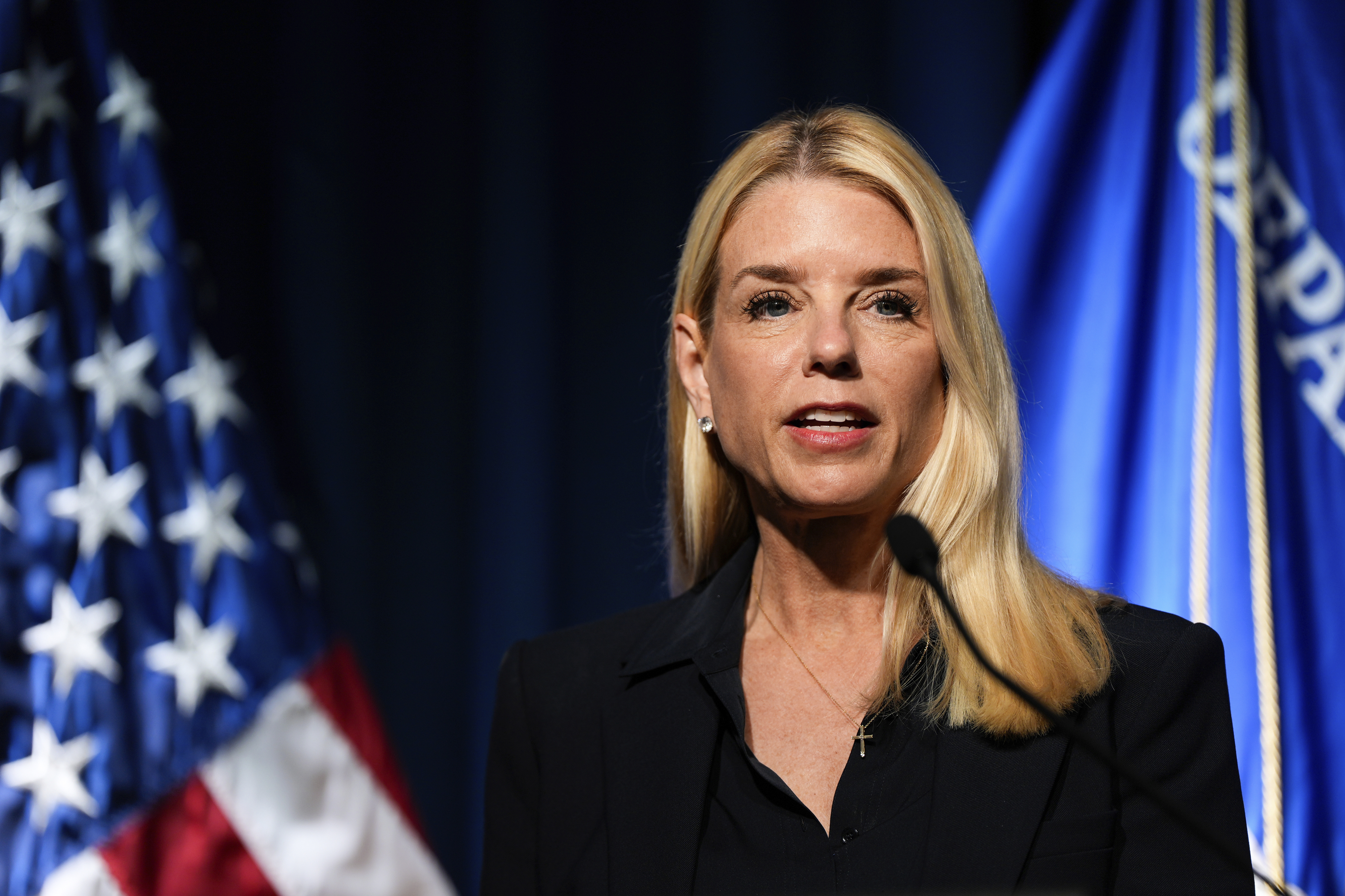 Attorney General Pam Bondi speaks at a news conference at the Drug Enforcement Administration, Tuesday, July 15, 2025, in Arlington, Va. (AP Photo/Julia Demaree Nikhinson)