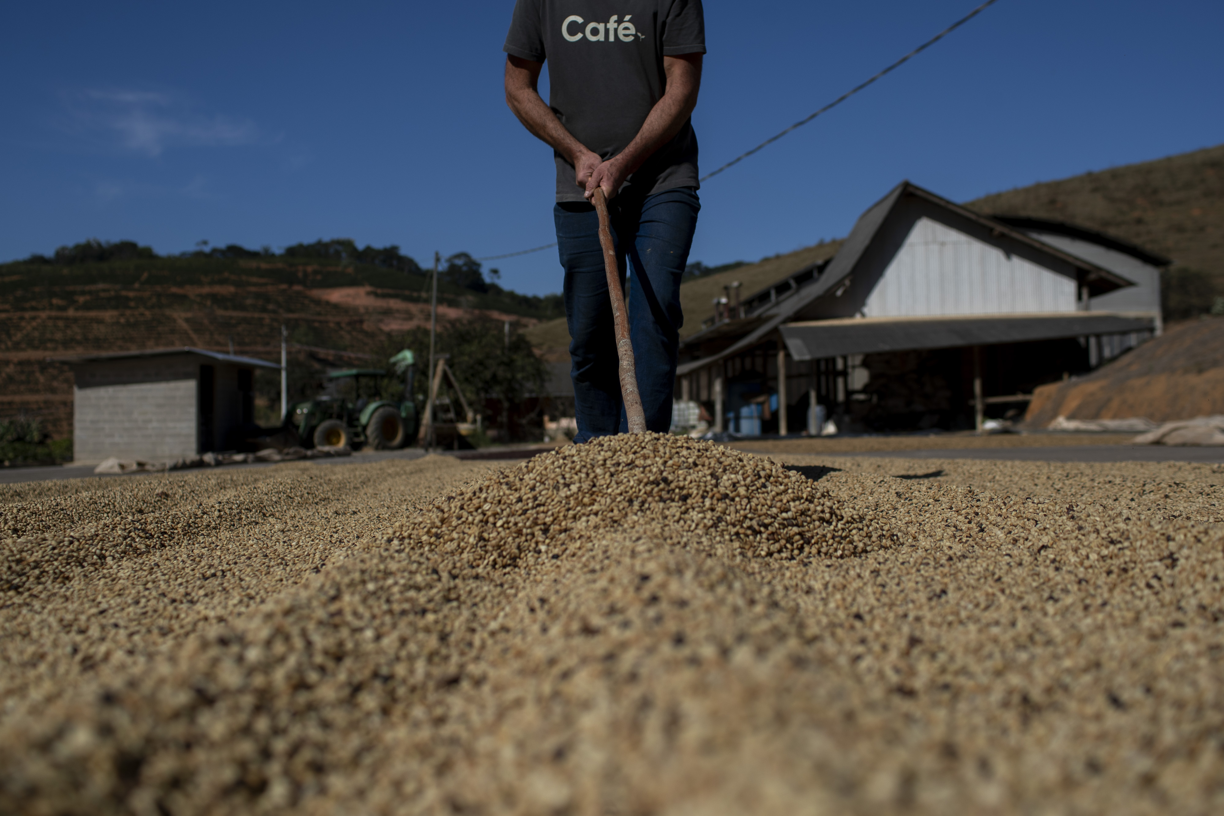 Marcio Vargas spreads coffee beans as part of the drying process on his coffee plantation