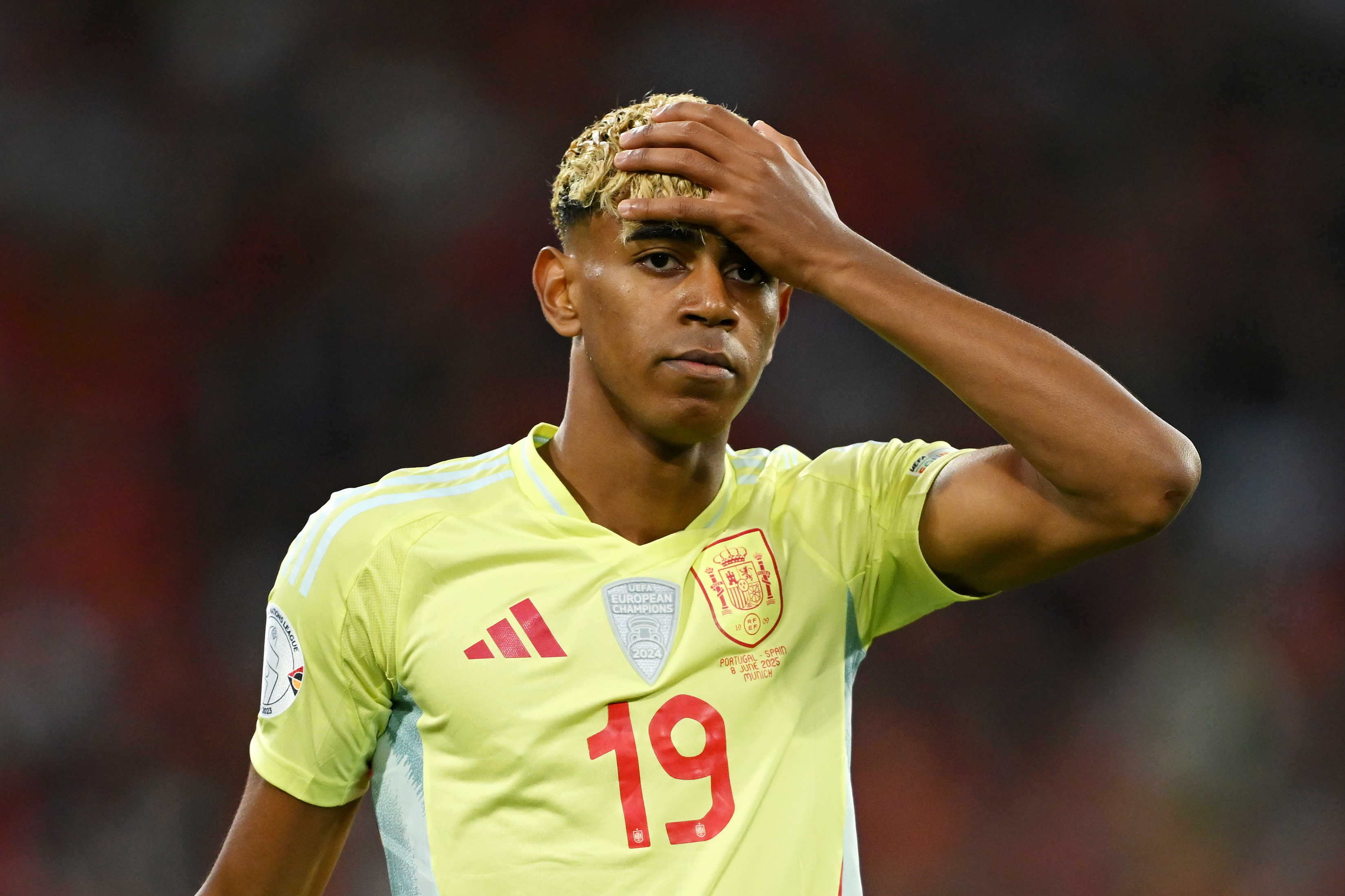 Lamine Yamal of Spain reacts.