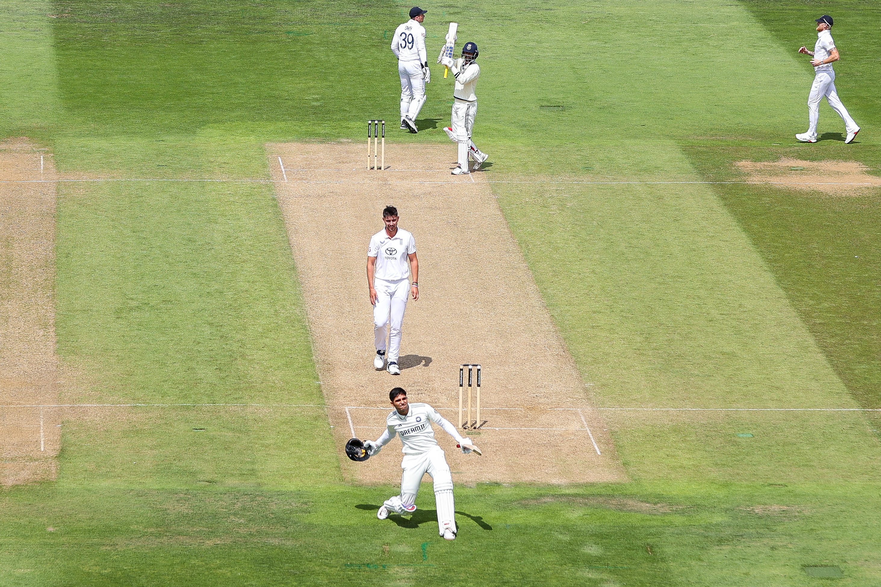 Shubman Gill of India celebrates reaching 200 during Day Two of the Second Rothesay Test match between England and India