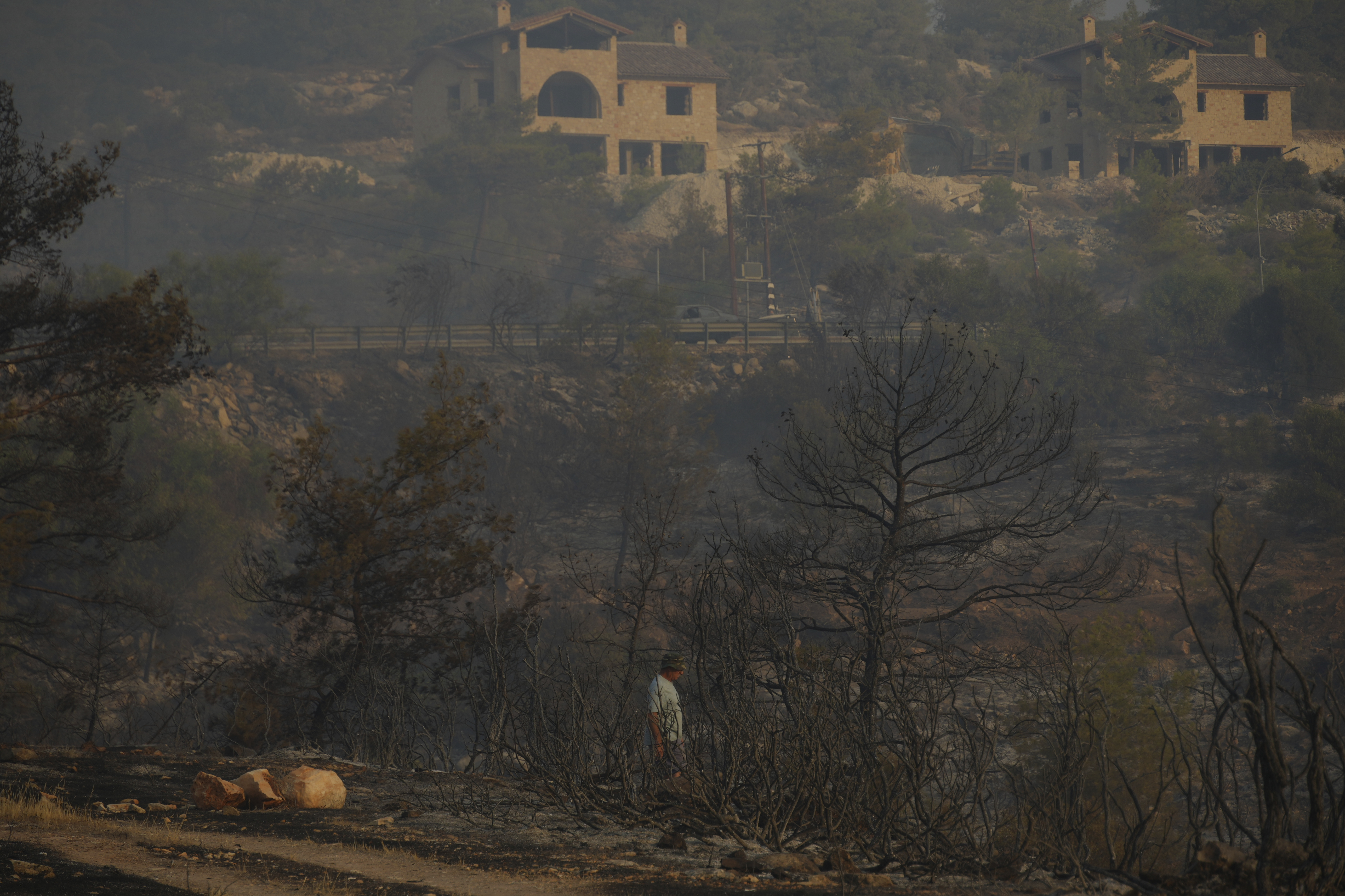 Resident Antonis Christou looks at a burned area in Souni village, Cyprus, during a massive wildfire on the southern side of the east Mediterranean island nation's Troodos mountain range, Thursday, July 24, 2025. (AP Photo/Petros Karadjias)