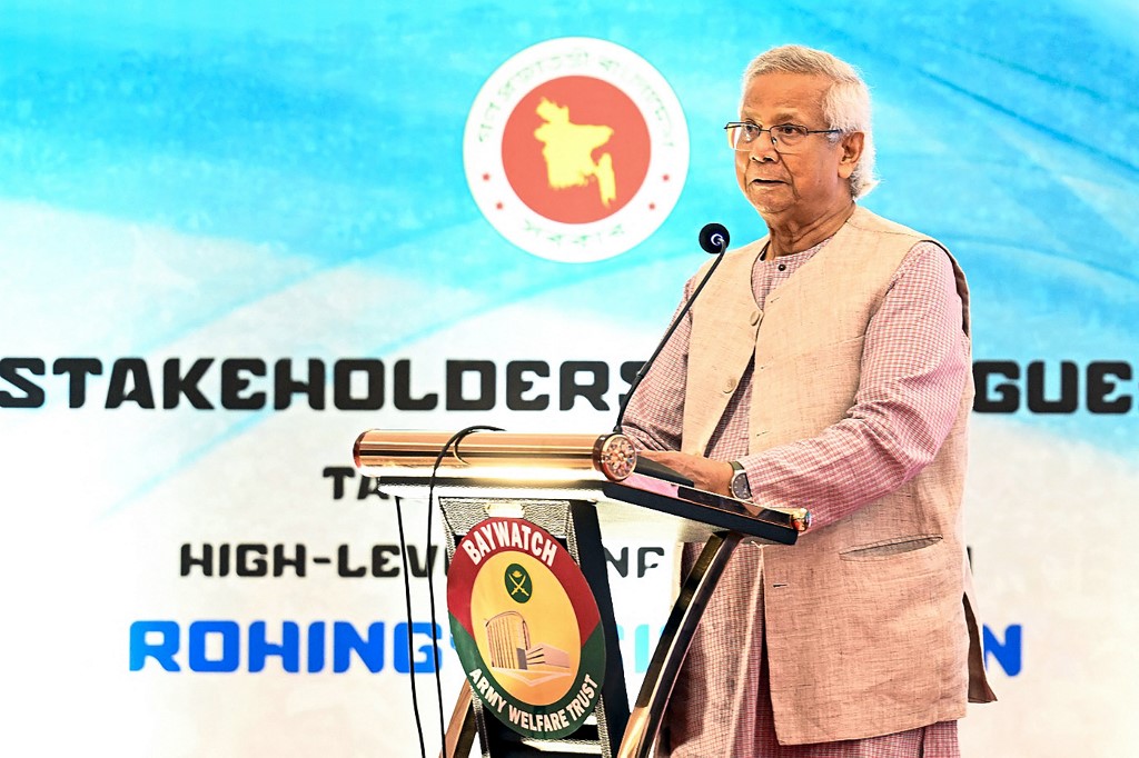 Chief Advisor Office of Bangladesh's interim government, Muhammad Yunus, addresses a conference.