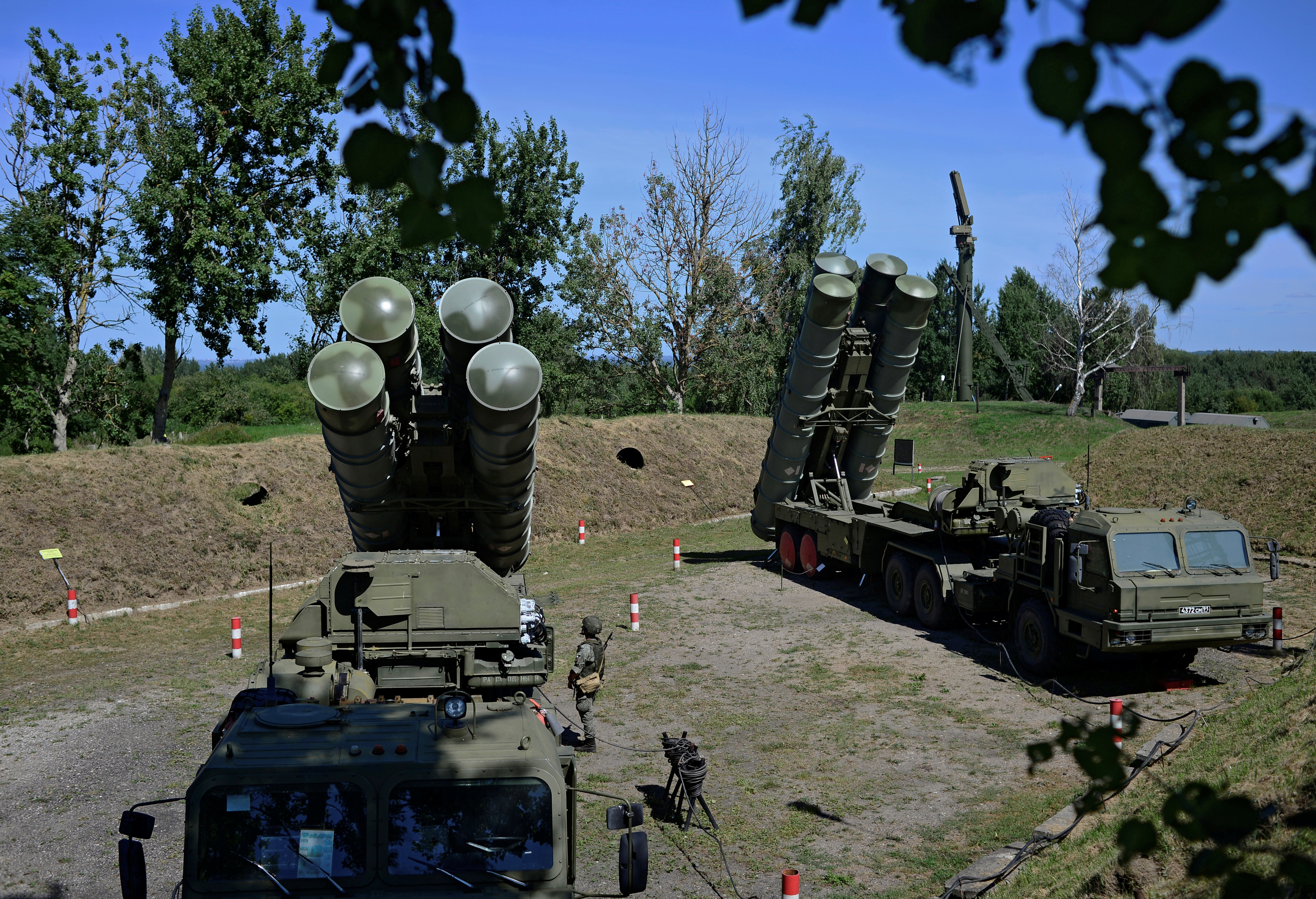 Russian S-400 missile air defence systems are seen during a training exercise at a military base in Kaliningrad region
