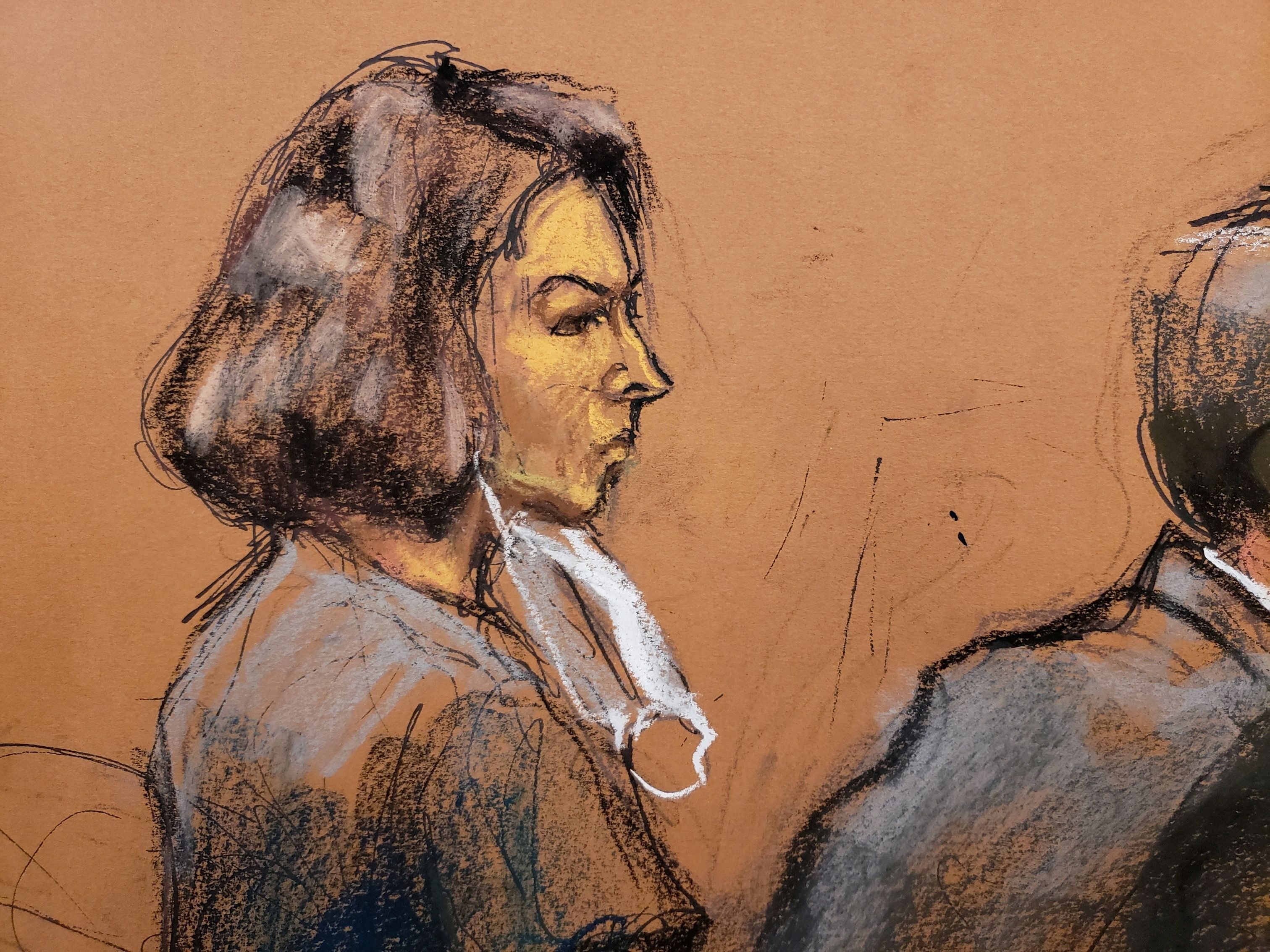 Ghislaine Maxwell sits at the defence table in this courtroom sketch from March 2022. Maxwell, who was sentenced to 20 years in prison, was moved to a low-security prison last week. [FILE: Jane Rosenberg/Reuters]