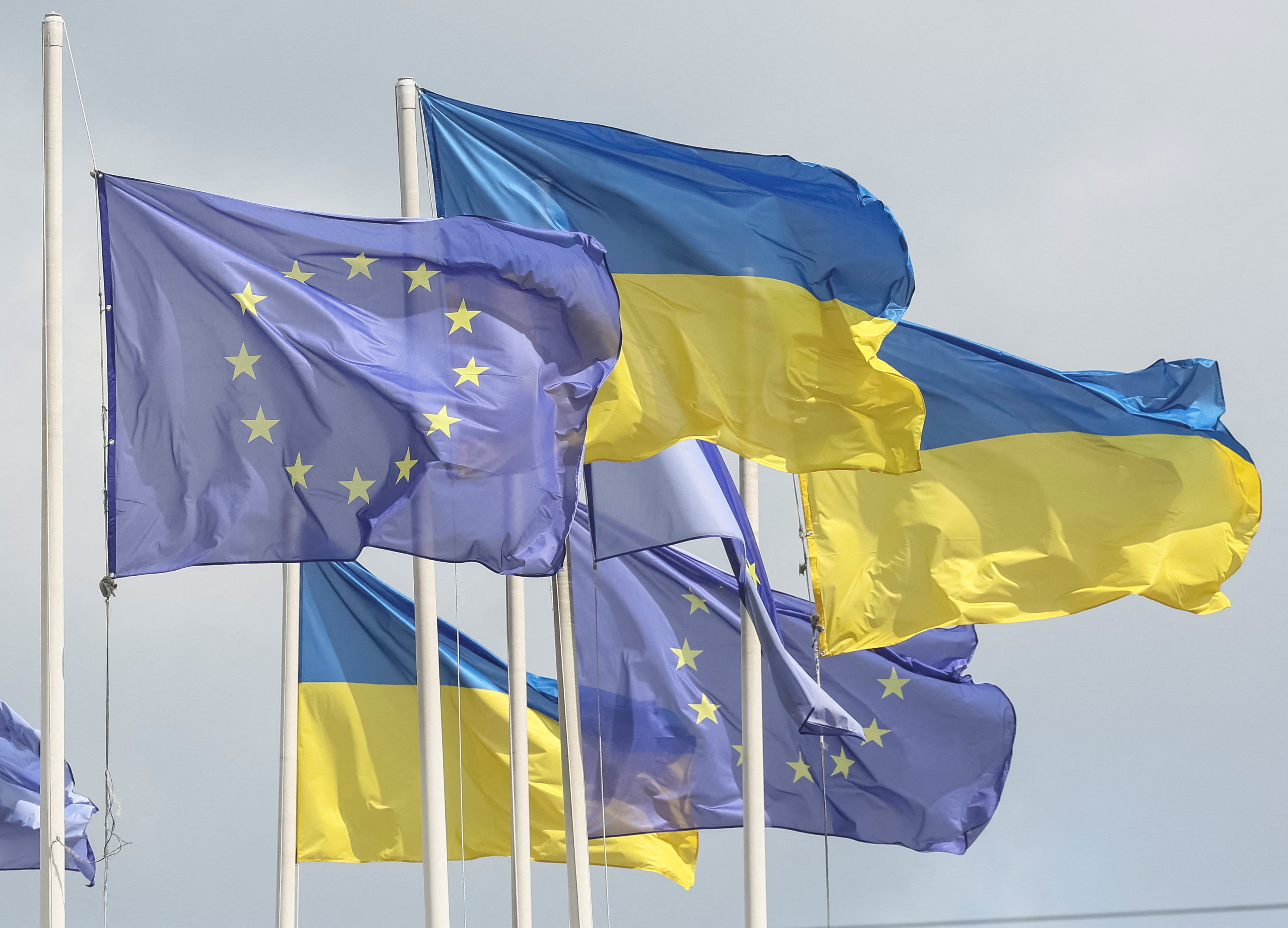 Ukrainian and European flags fly, amid Russia's attack on Ukraine, in central Kyiv