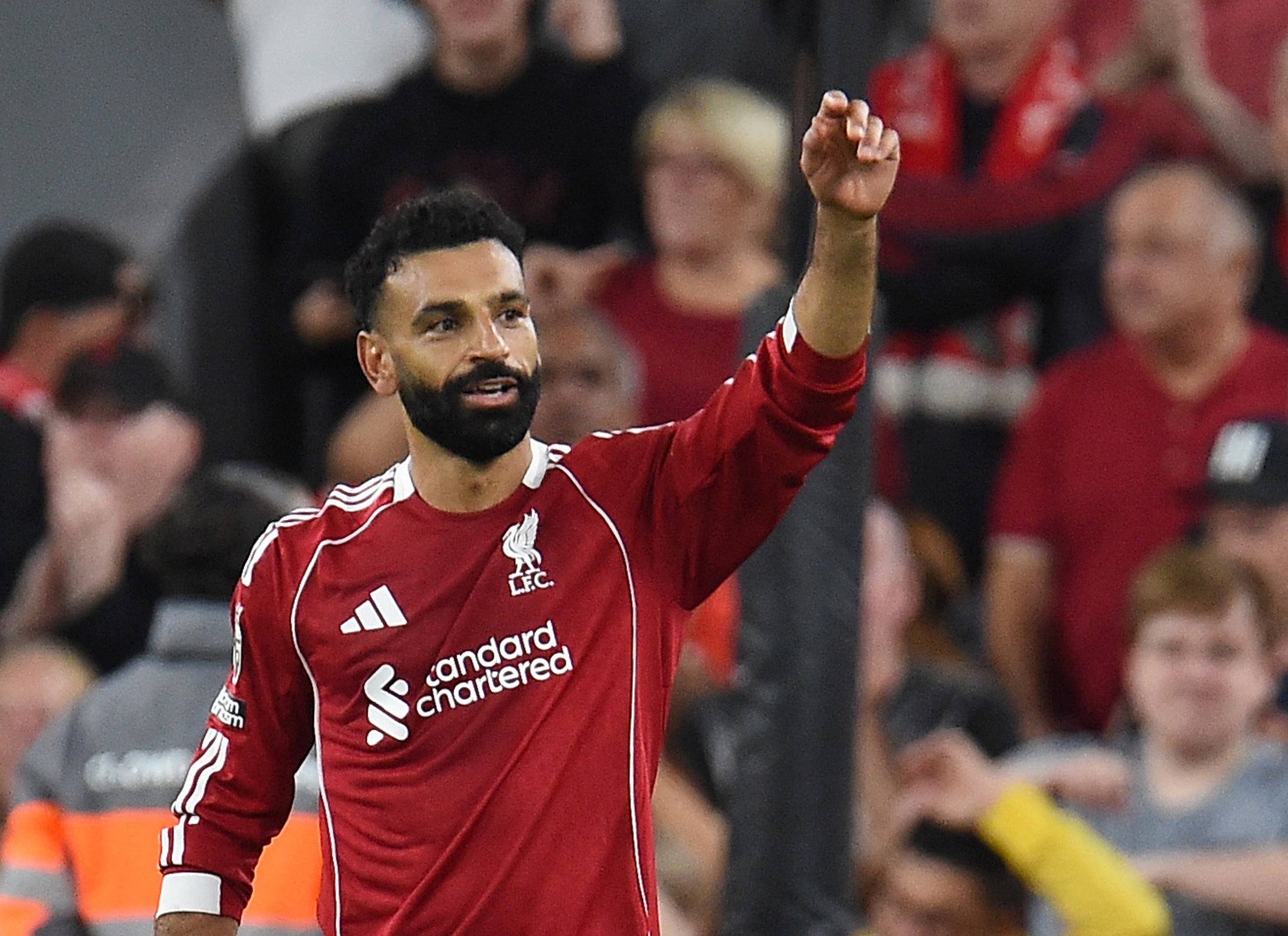 Liverpool's Mohamed Salah celebrates scoring their fourth goal