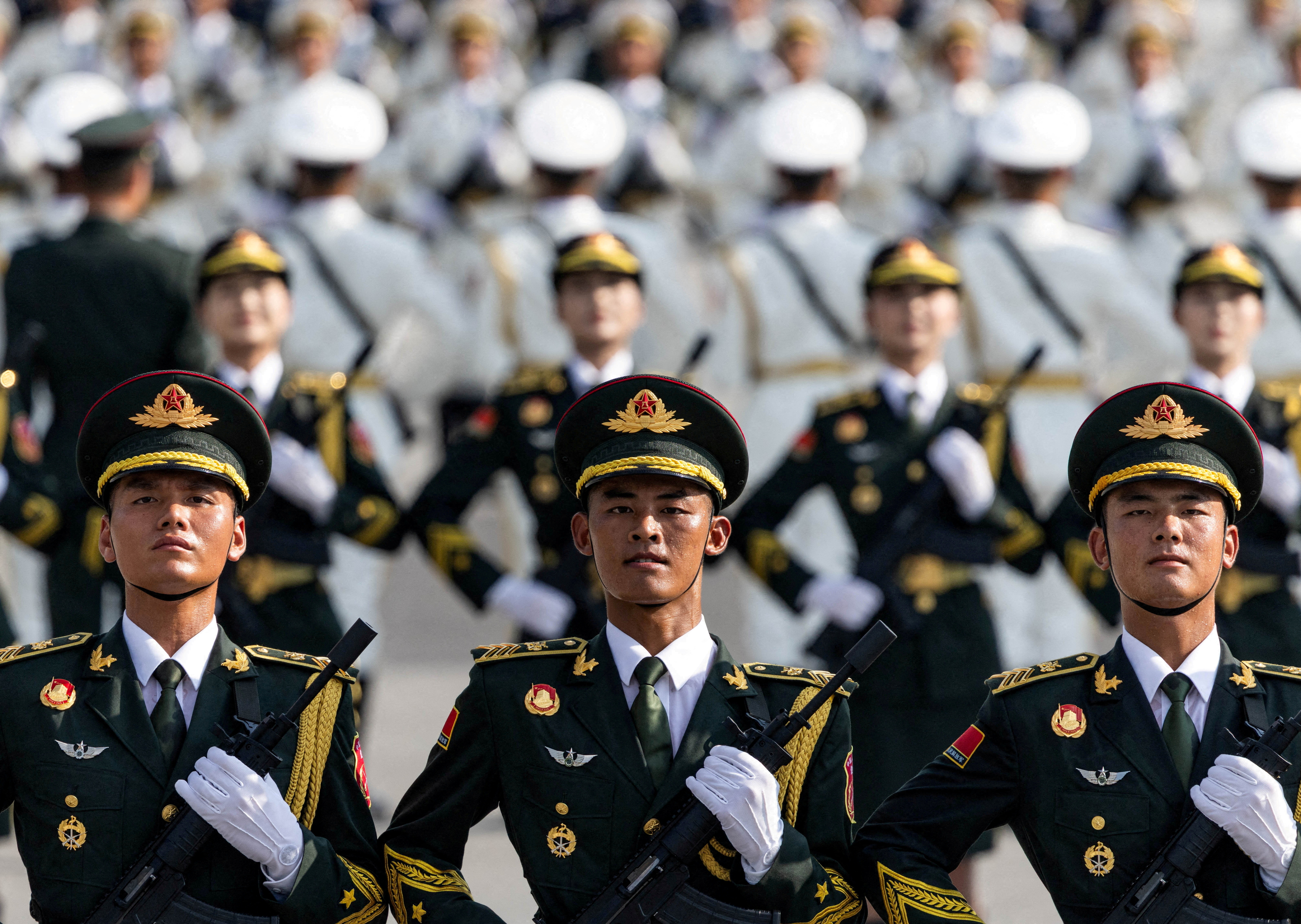 Soldiers of the People's Liberation Army (PLA) of China attend training in advance of a military parade to mark the 80th anniversary of the end of World War II, in Beijing, China, on August 20, 2025 [Maxim Shemetov/Reuters]