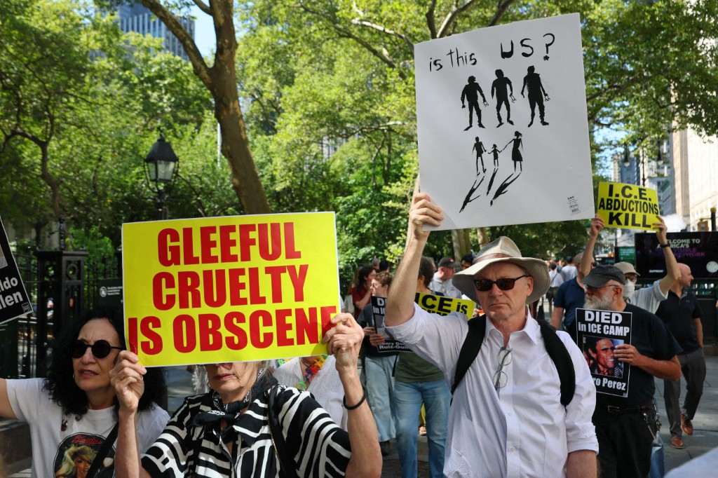 People march towards 26 Federal Plaza as they protest Immigration and Customs Enforcement (ICE) on August 08, 2025 in New York City. On Tuesday, a judge ordered ICE to clean up its holding facilities following reports of gross abuse.