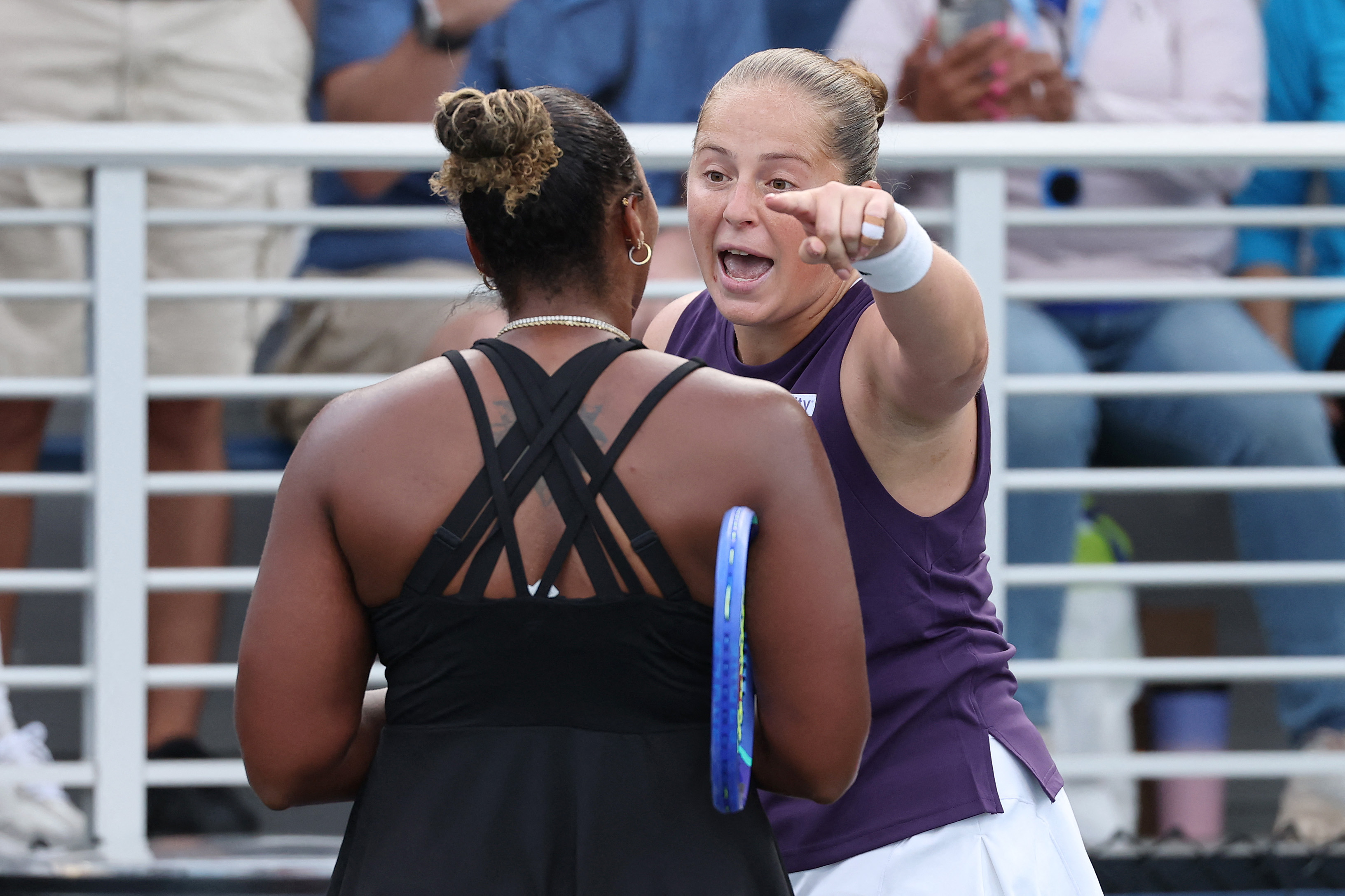 Jelena Ostapenko of Latvia (R) argues with Taylor Townsend of the United States (L) following their Women's Singles Second Round match on Day Four of the 2025 US Open
