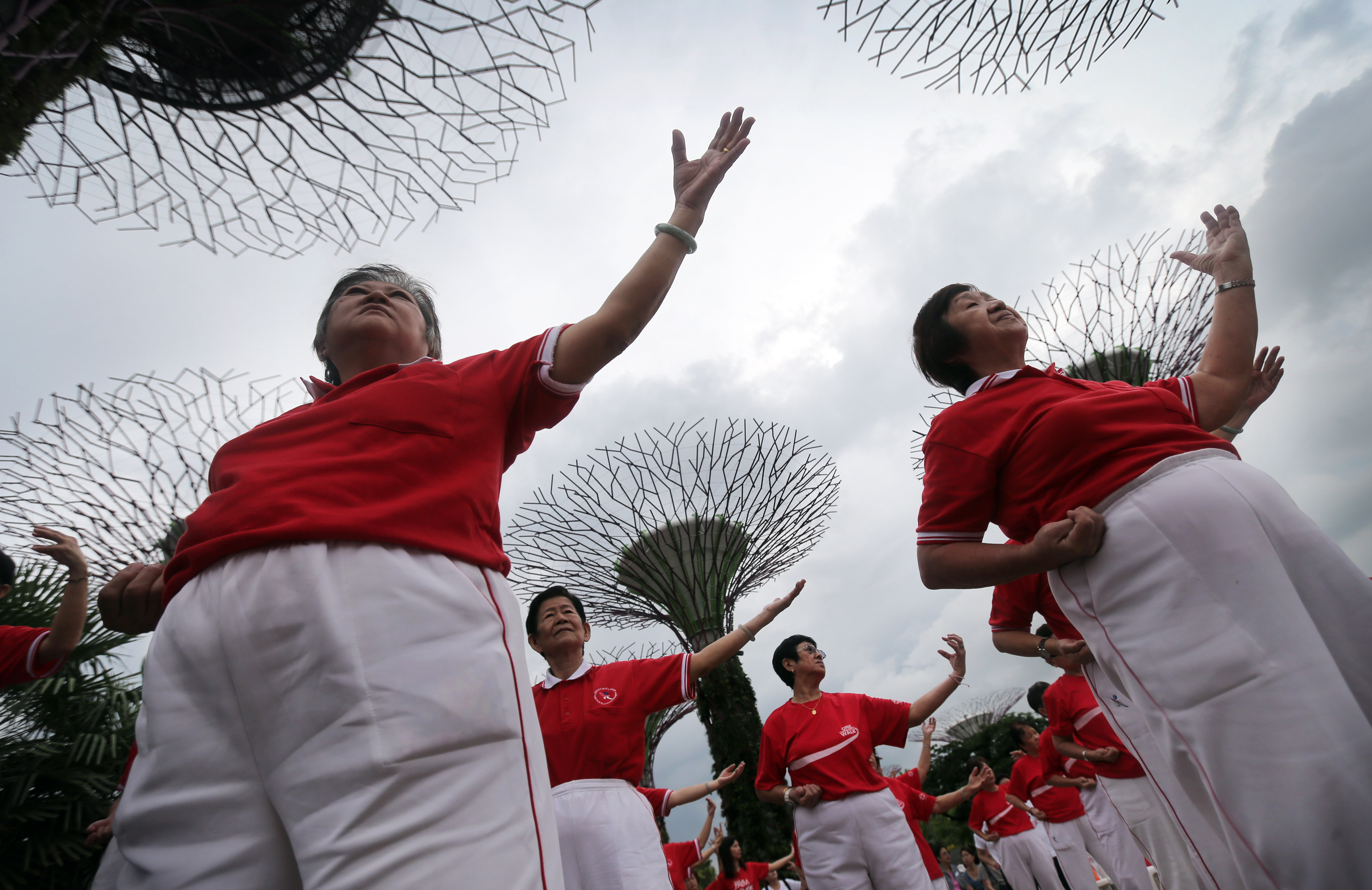 Elderly women practice Tai Chi, a Chinese form of meditative exercise, Sunday, Sept. 8, 2013, at the Gardens by the Bay in Sinagpore. The city-state's government ministries often organize events to boost morale and promote a healthy life-style for its aging population. (AP Photo/Wong Maye-E)