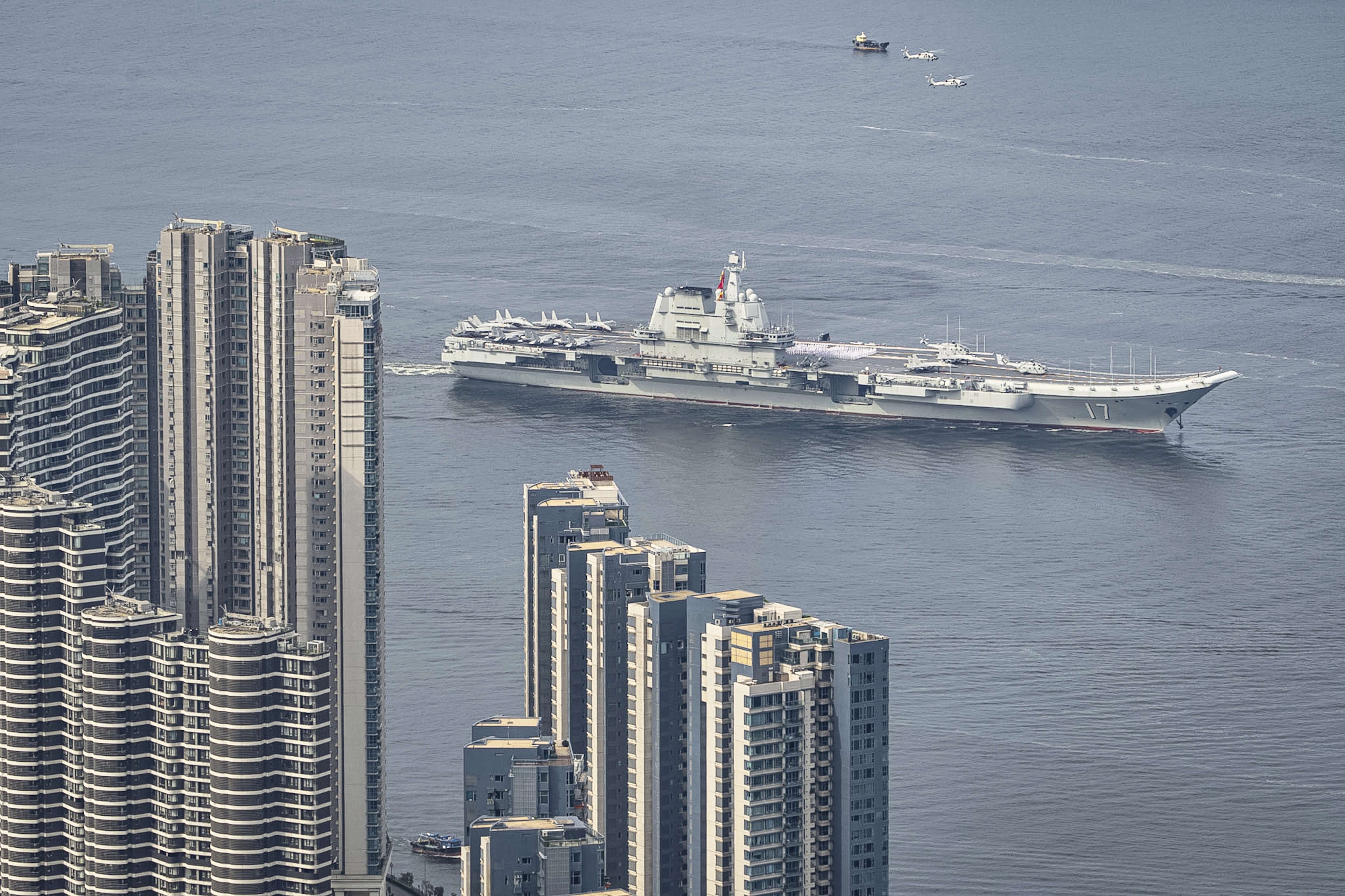 China's first domestically built aircraft carrier Shandong sails into Hong Kong for port call Thursday, July 3, 2025. (AP Photo/Chan Long Hei)