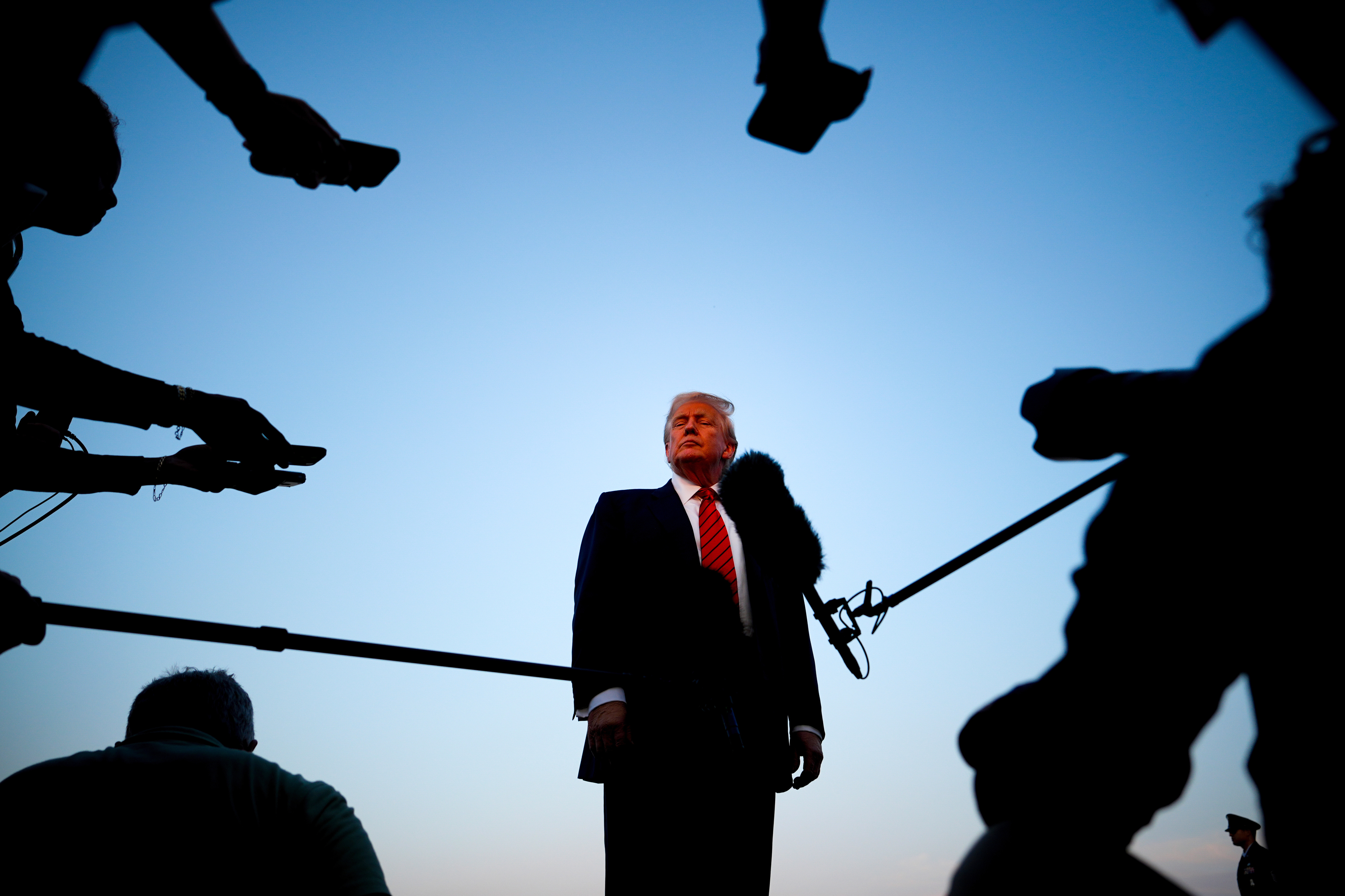 President Donald Trump speaks with reporters before boarding Air Force One at Lehigh Valley International Airport, Sunday, Aug. 3, 2025, in Allentown, Pa. (AP Photo/Julia Demaree Nikhinson)
