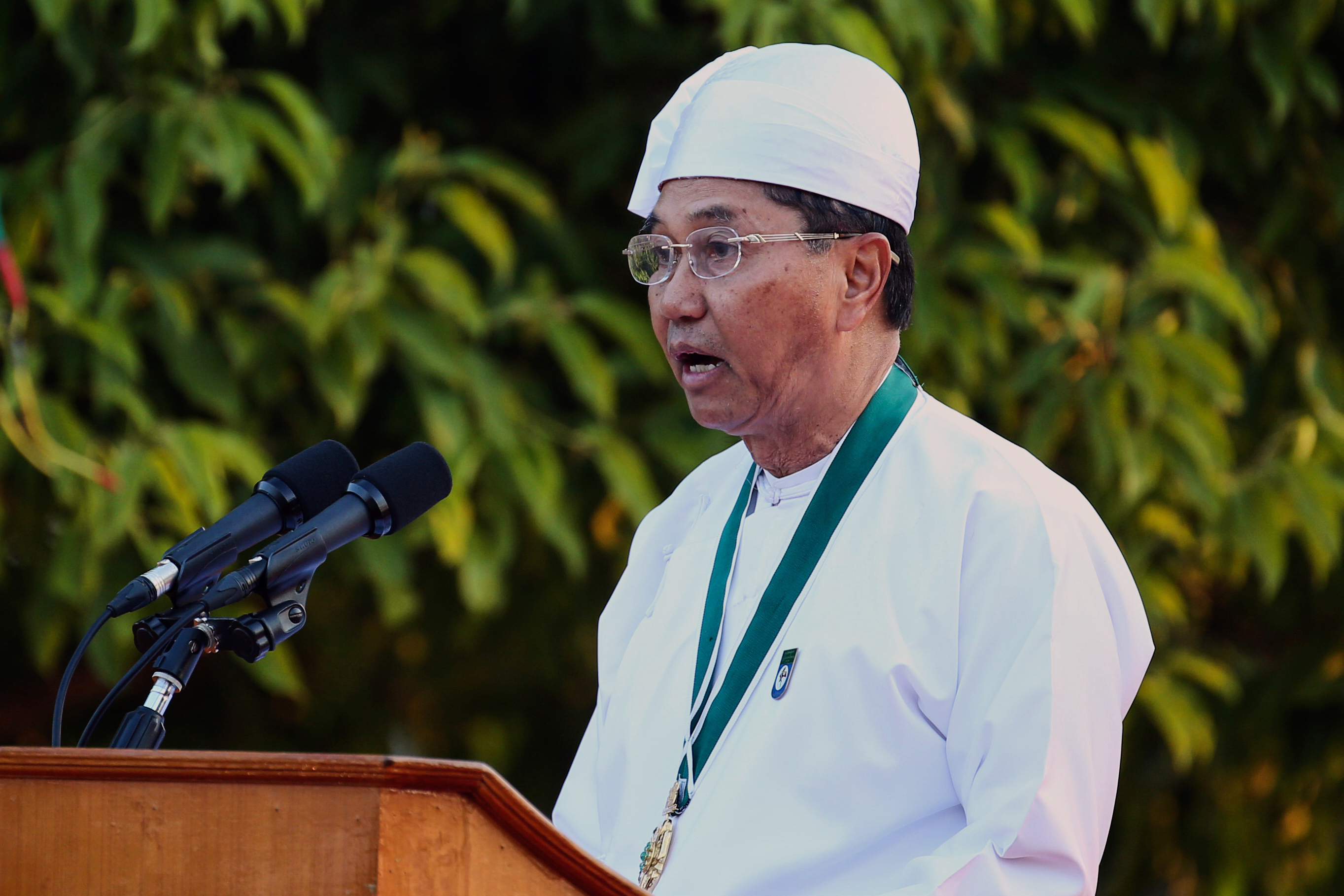 Myanmar Vice President Myint Swe speaks during a ceremony to mark Myanmar's 73rd anniversary of Union Day in Naypyidaw, Myanmar, in 2020 [File: Aung Shine Oo/AP]