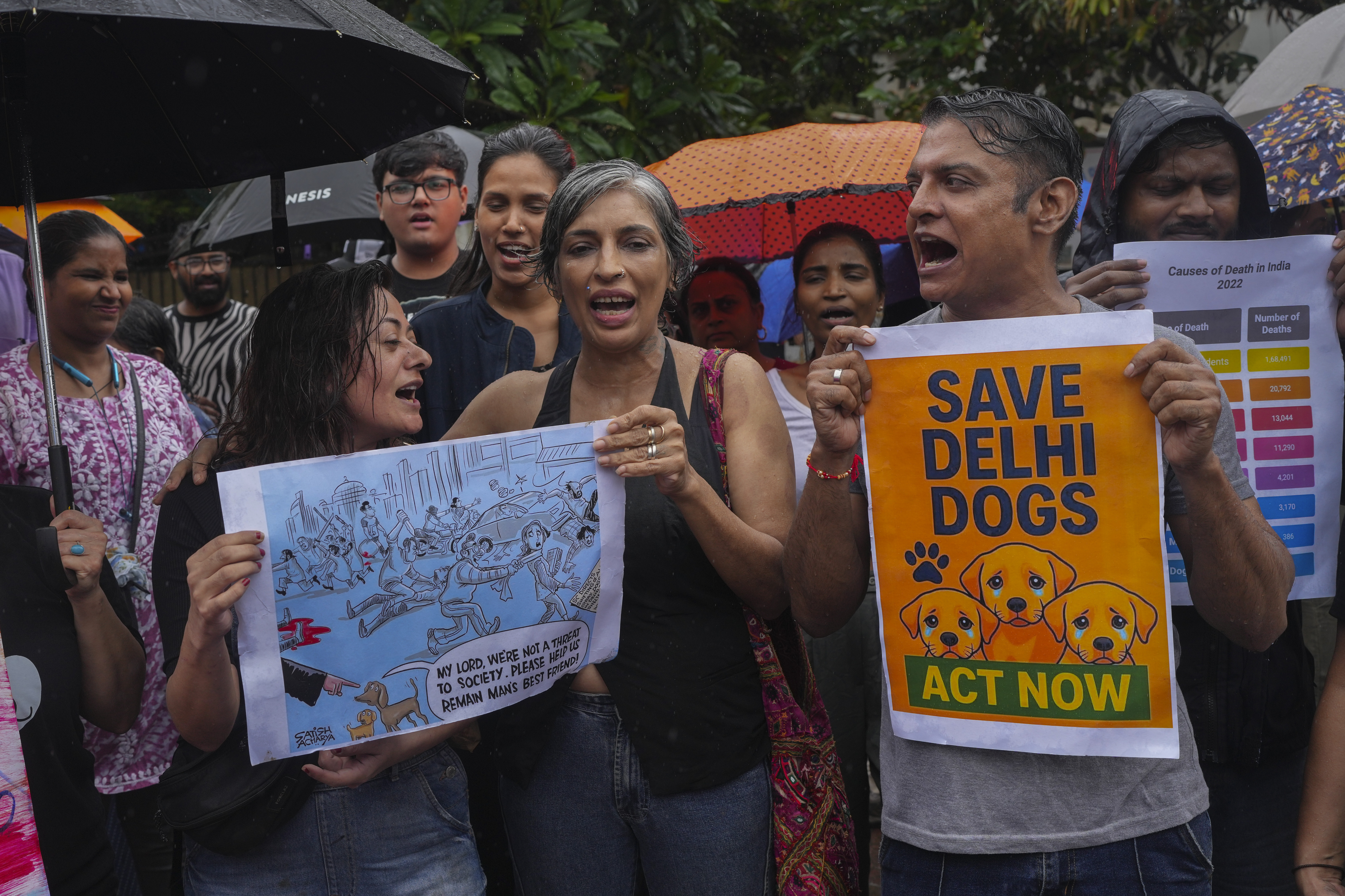 Activists hold placards during a protest against recent ruling by the country's top court ordering authorities in New Delhi to remove all stray dogs from the streets and to sterilize and permanently relocate them to shelters,Thursday, Aug 14, 2025.(AP Photo/ Rafiq Maqbool)